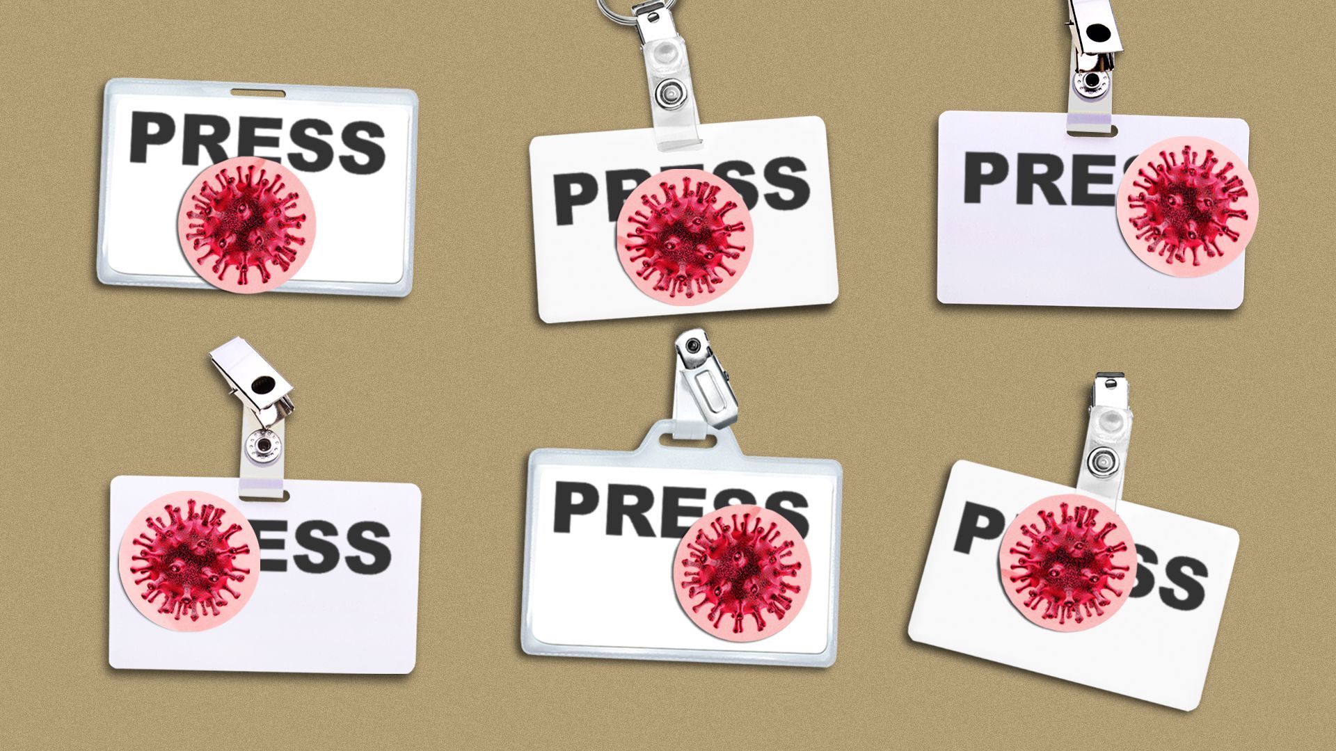 Illustration of a series of press badges with Coronavirus stickers on them
