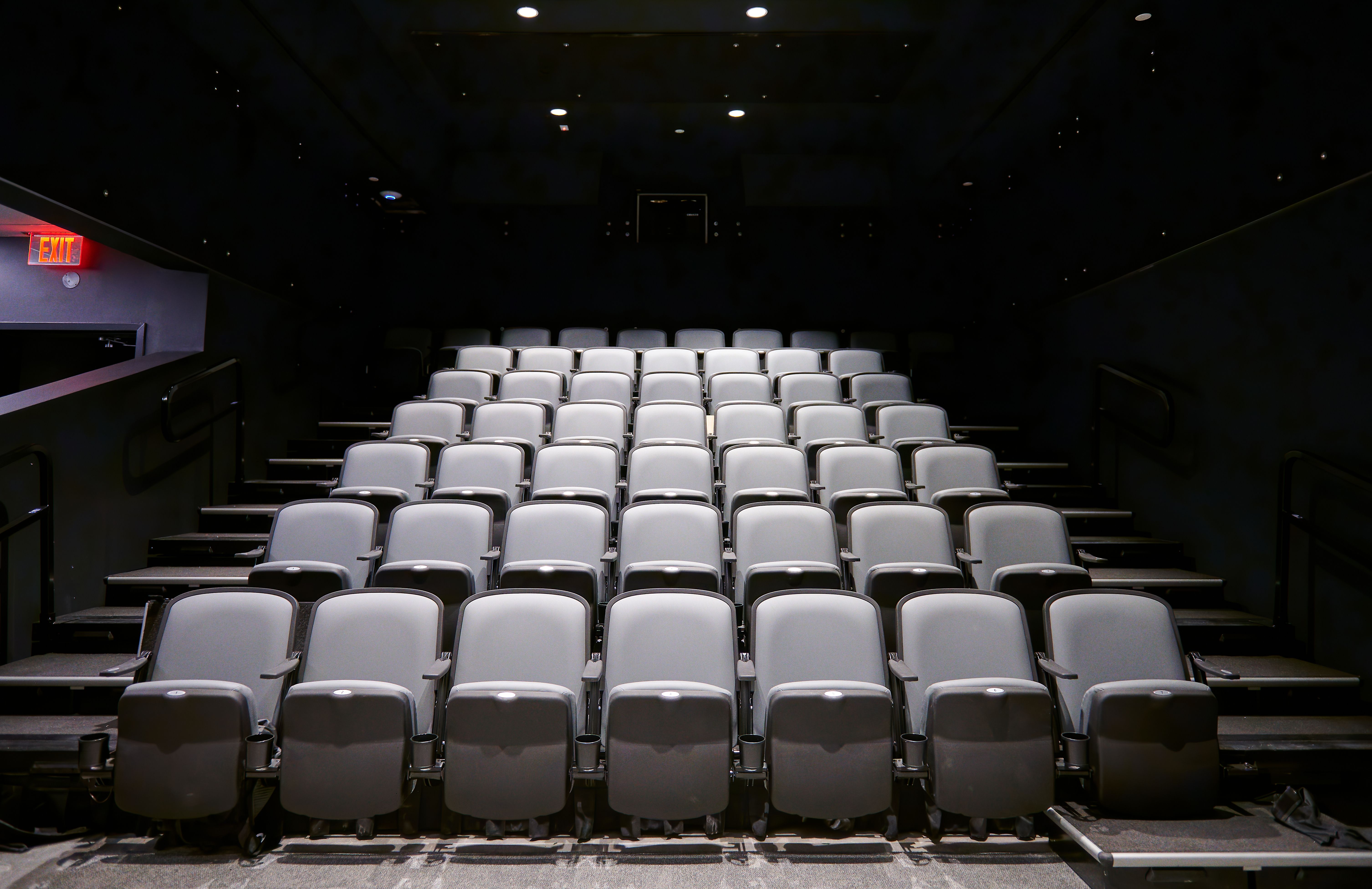 Dimly lit theater with empty rows of gray cushioned seats facing a dark stage. A red EXIT sign glows on the left wall, with small ceiling lights and overall dim ambience.