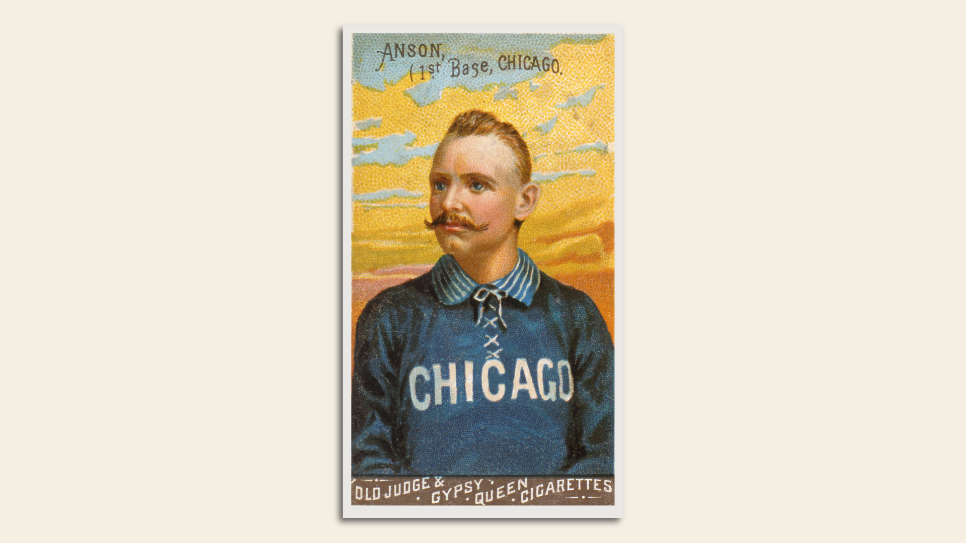 Old poster/painting of a baseball player in uniform with a curly mustache. 