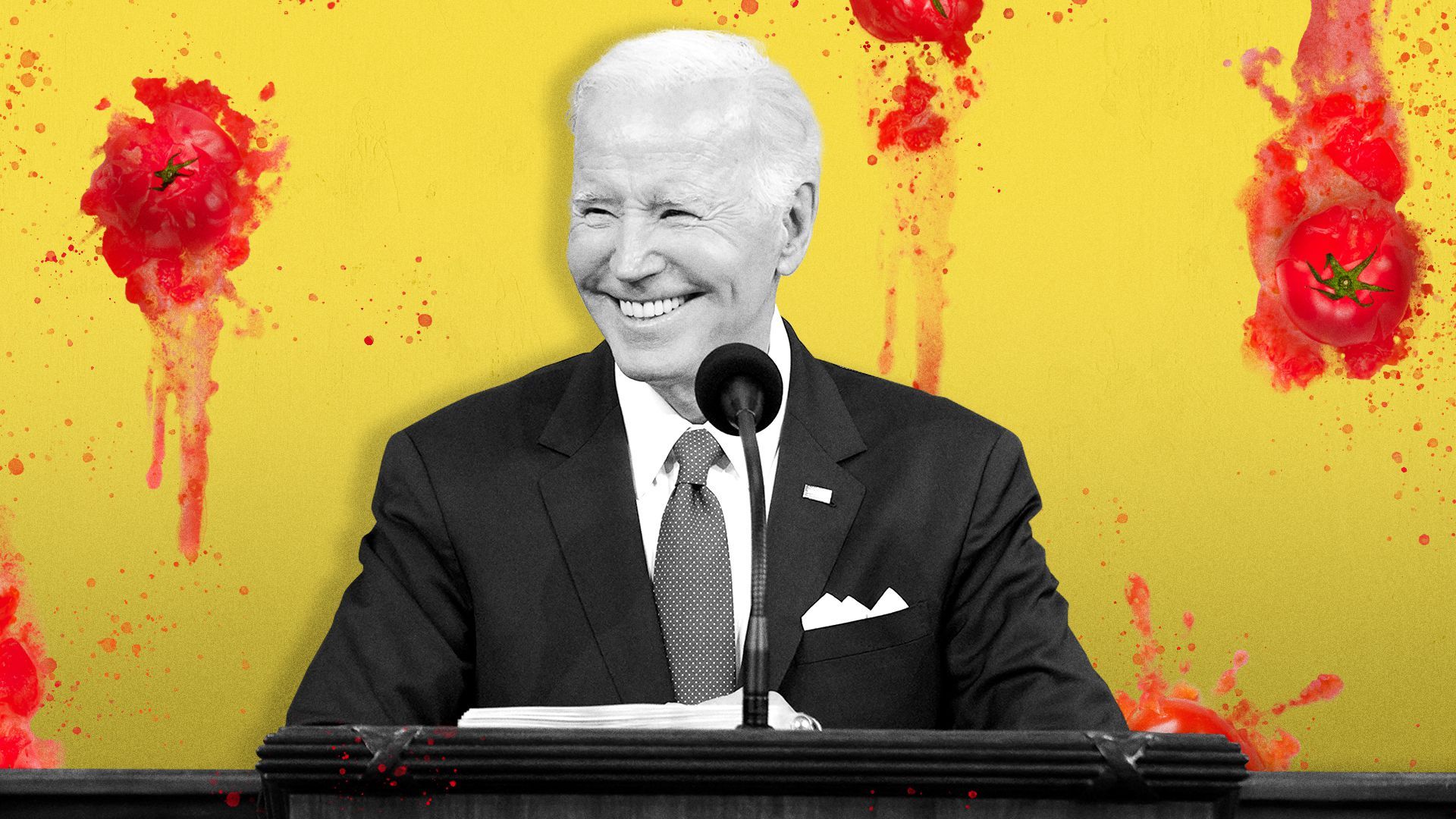 Photo illustration of President Biden smiling while rotten tomatoes slide down the wall behind him.