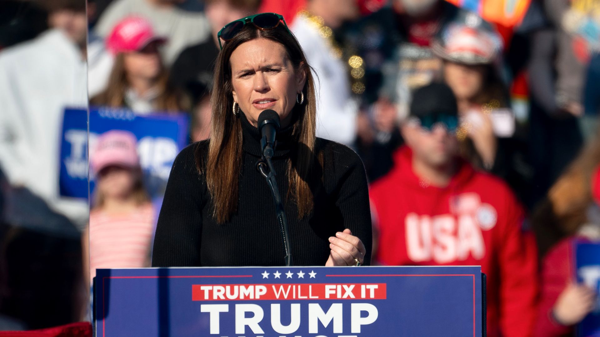 Sarah Huckabee Sanders, governor of Arkansas, during a campaign event with former US President Donald Trump, not pictured.