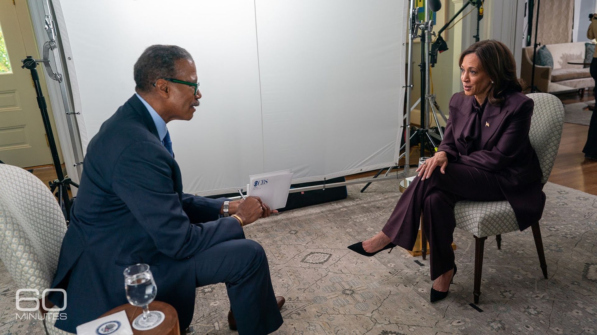 CBS' Bill Whitaker sits down with Vice President Kamala Harris for their "60 Minutes" interview that airs on Monday.