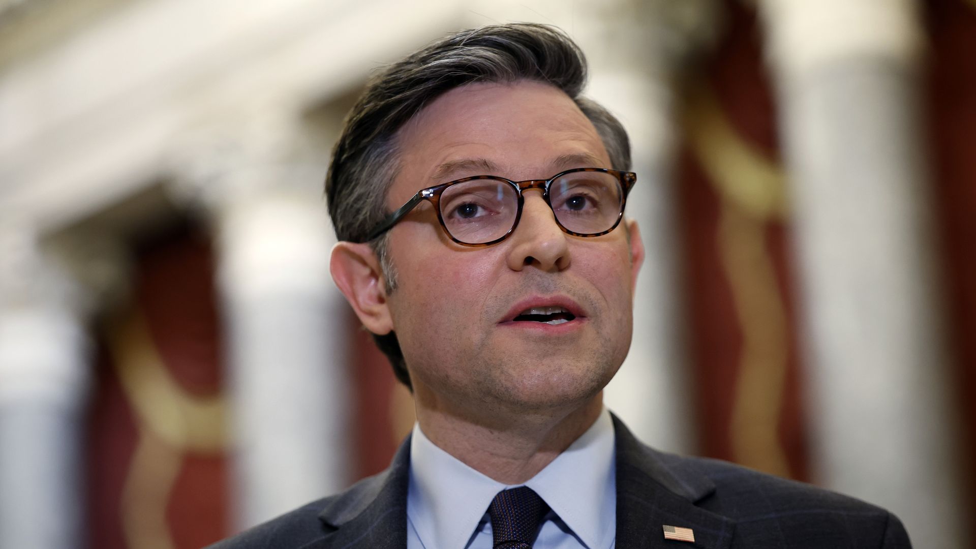 Speaker of the House Mike Johnson (R-LA) speaks to members of the press after Rep. Marjorie Taylor-Greene (R-GA) introduced a motion to vacate on the floor of the House of Representatives seeking to remove Johnson from his leadership position