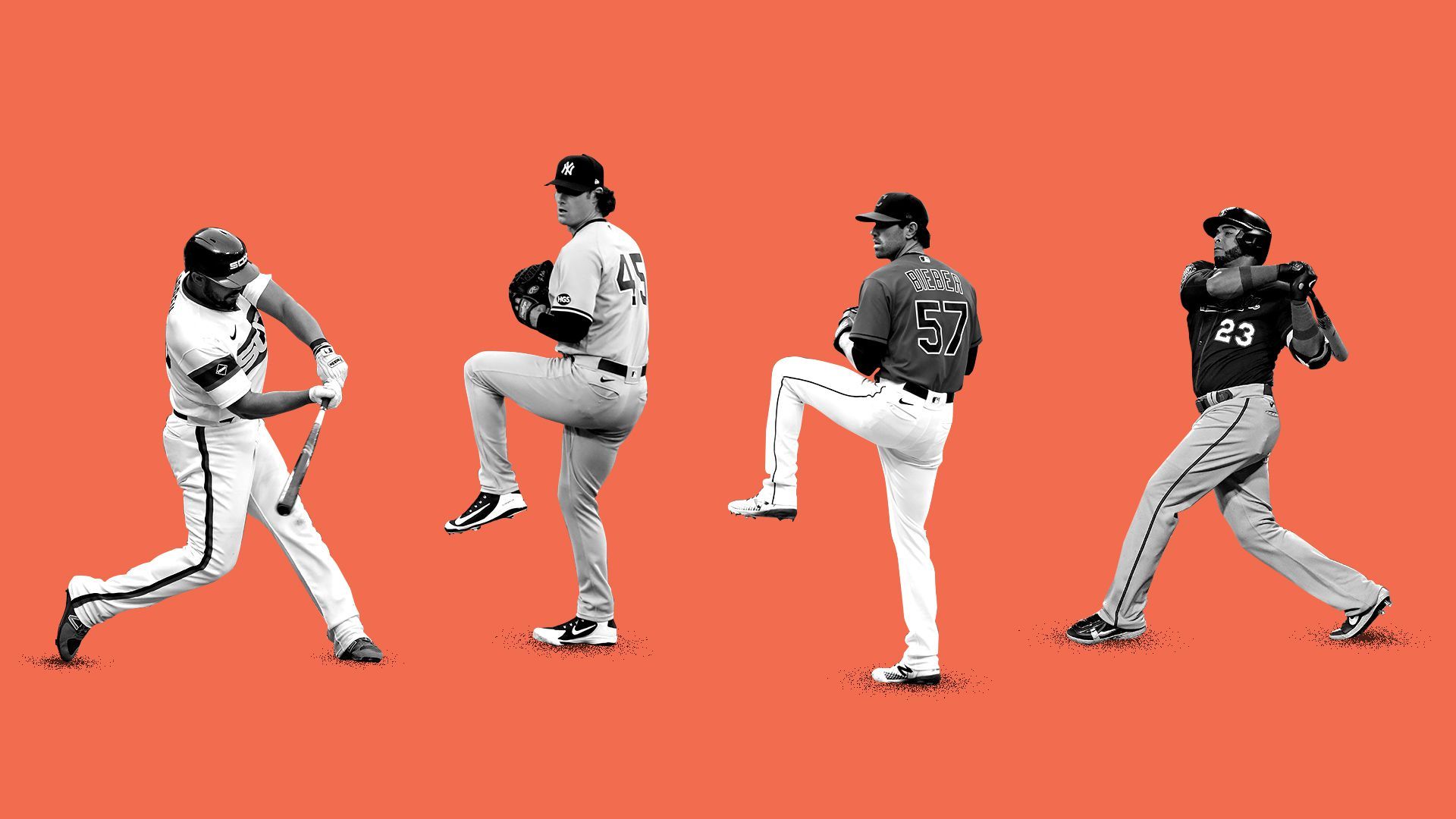 Photo illustration of José Abreu, Gerrit Cole, Shane Bieber, and Nelson Cruz