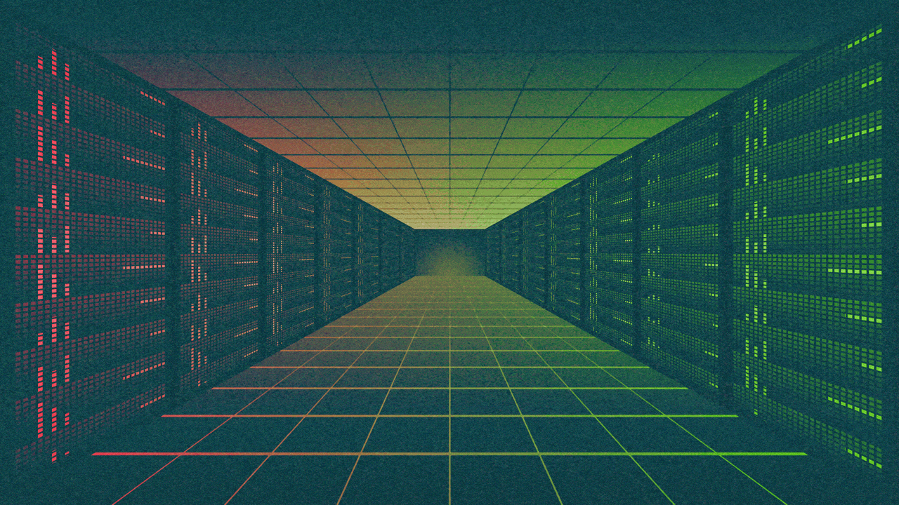 Animated illustration of a data center corridor with servers on each side. Along the left-hand side, lights spelling out "%&&#!" appear, and then lights in the shape of an upward trending arrow appear on the right-hand side.
