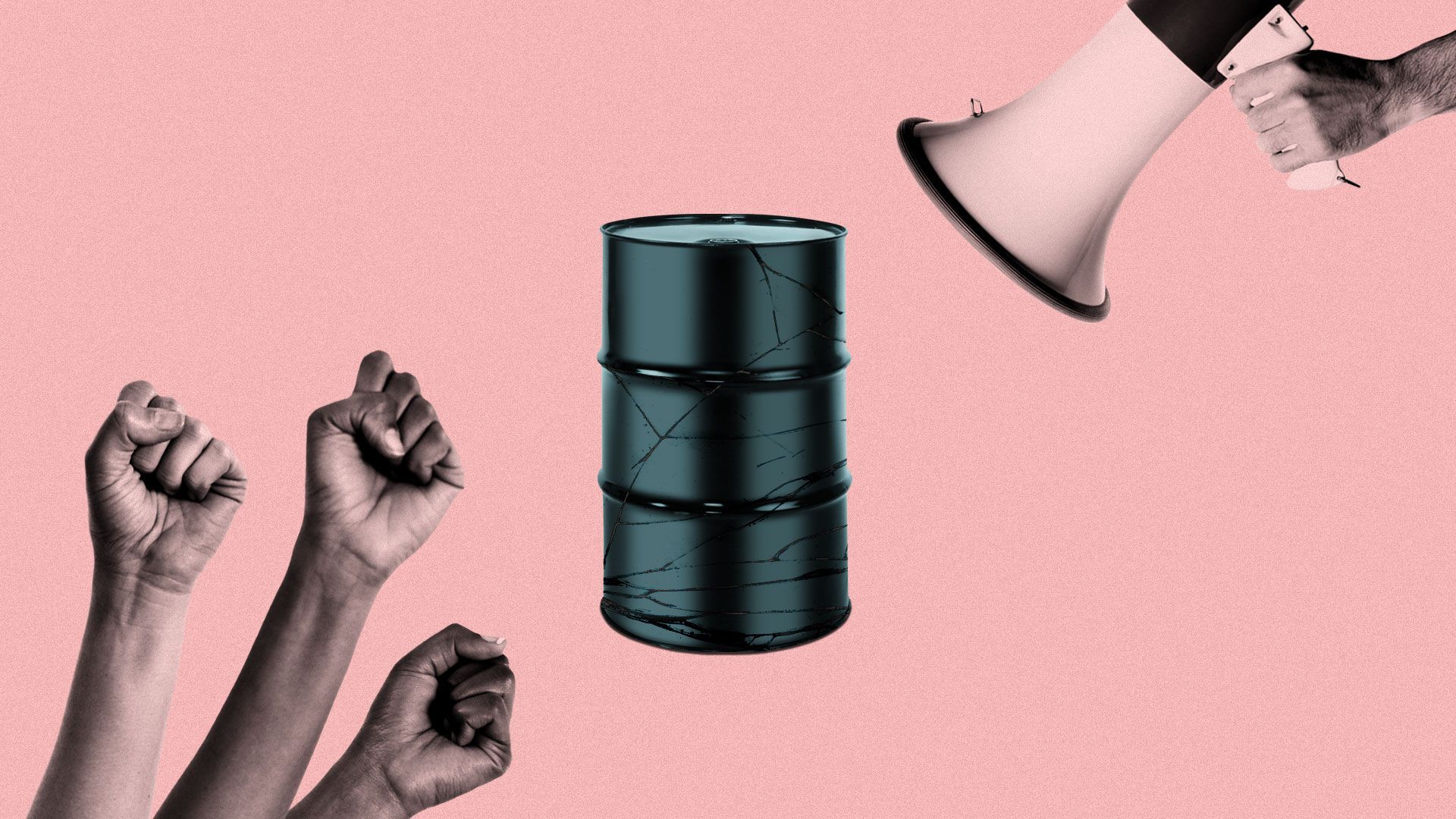 Illustration of cracking oil barrel with fists and megaphone.