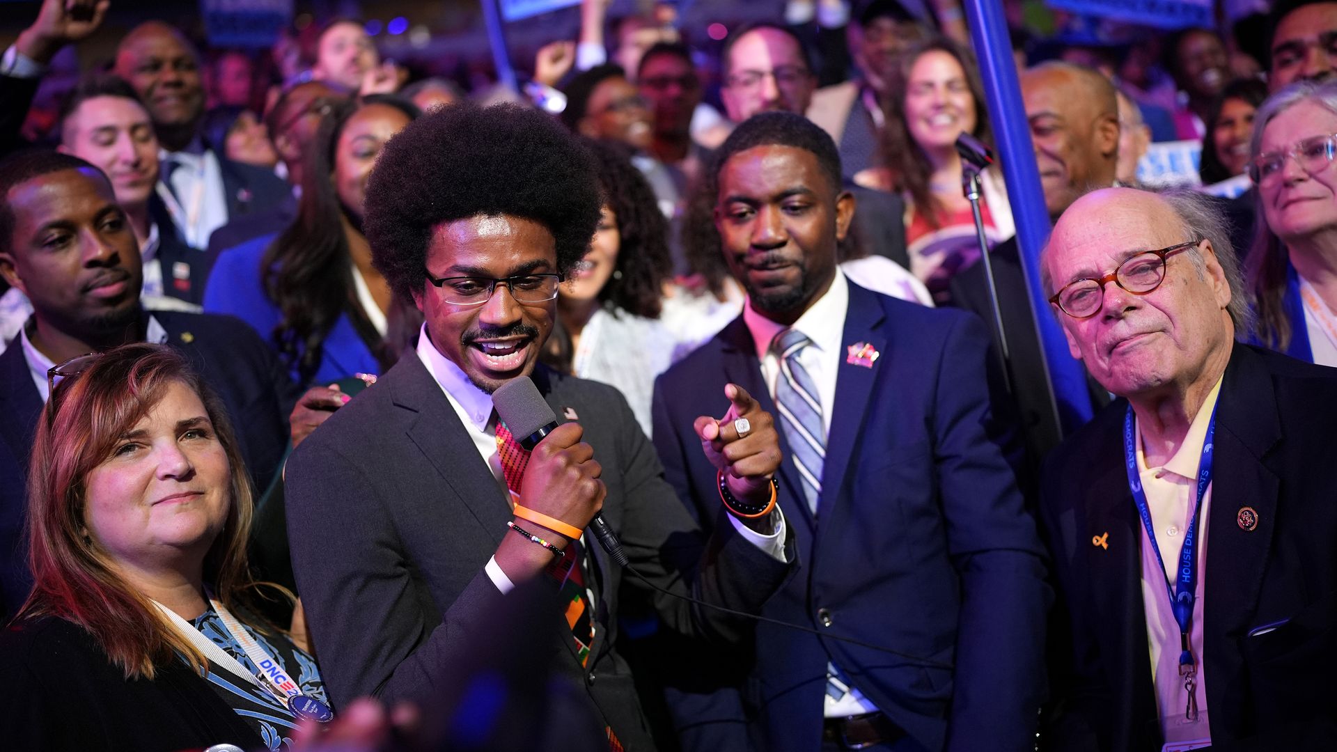 Tennessee State Rep. Justin Pearson joins the Tennessee delegation as they cast their votes during the Ceremonial Roll Call of States on the second day of the Democratic National Convention at the United Center on August 20, 2024 in Chicago, Illinois. 