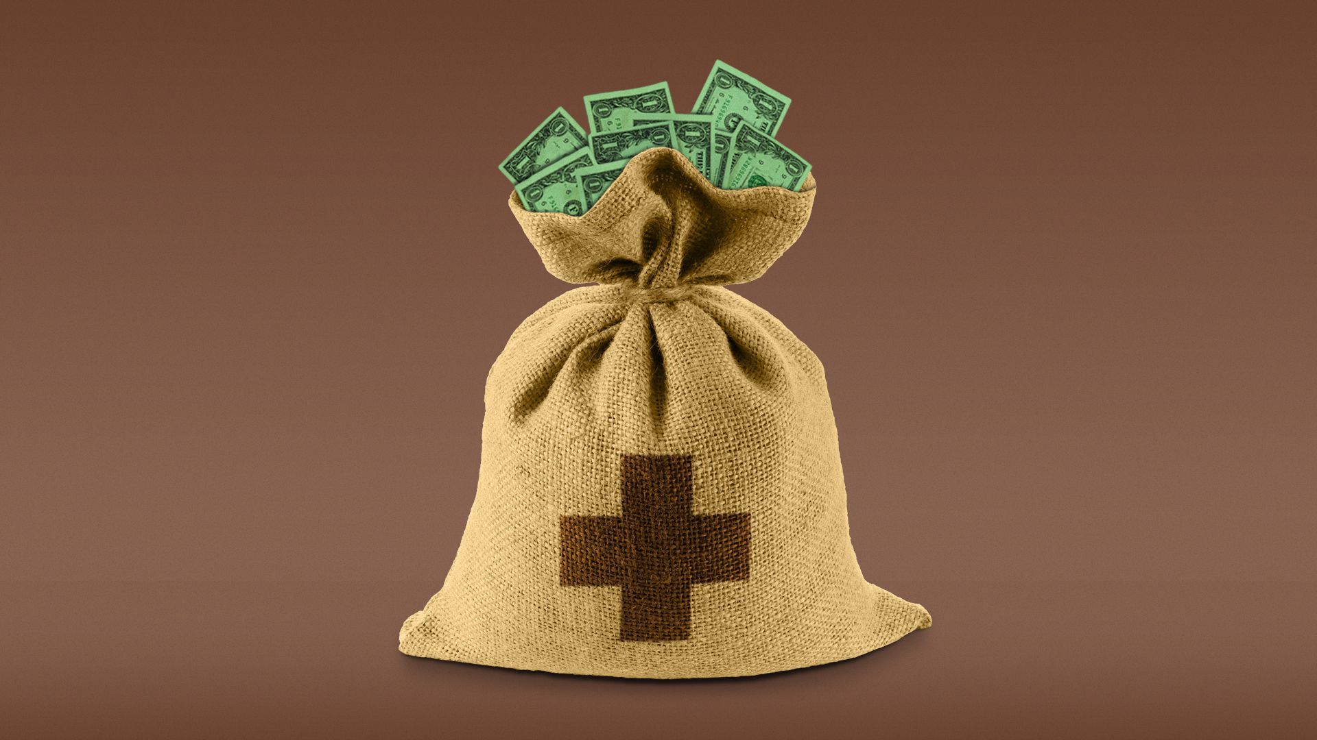 Illustration of a sack of money with a medical cross symbol on it.
