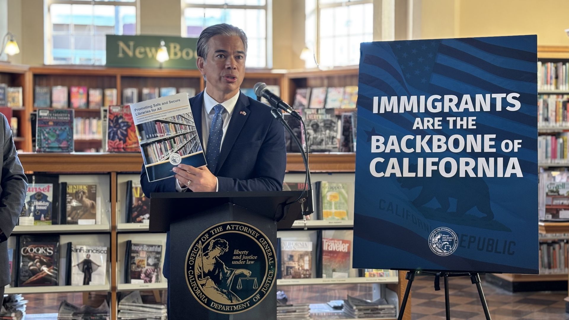 California Attorney General Rob Bonta issues updated guidance on how public institutions should respond to immigration authorities at the Bernal Heights Library in San Francisco. 
