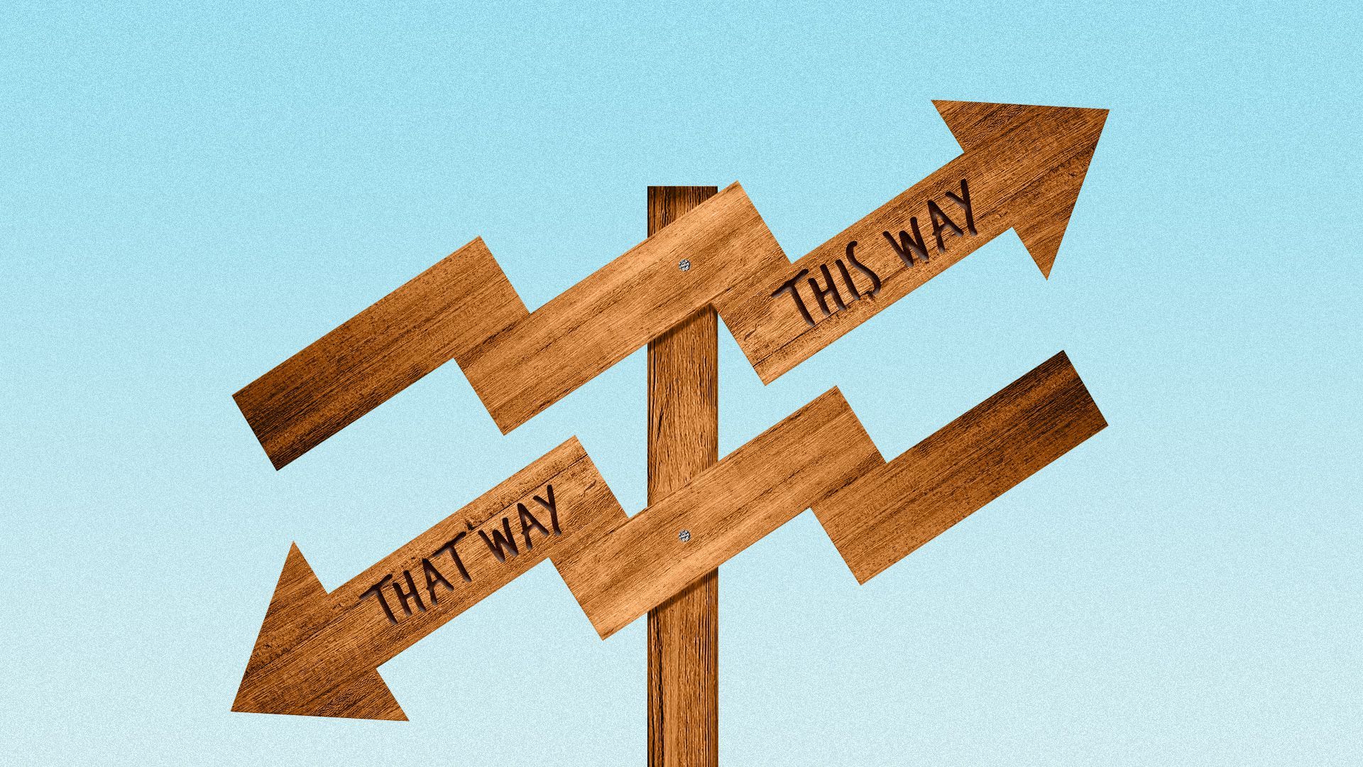 Illustration of a sign with an upward trending arrow and a downward trending arrow reading "this way" and "that way". 