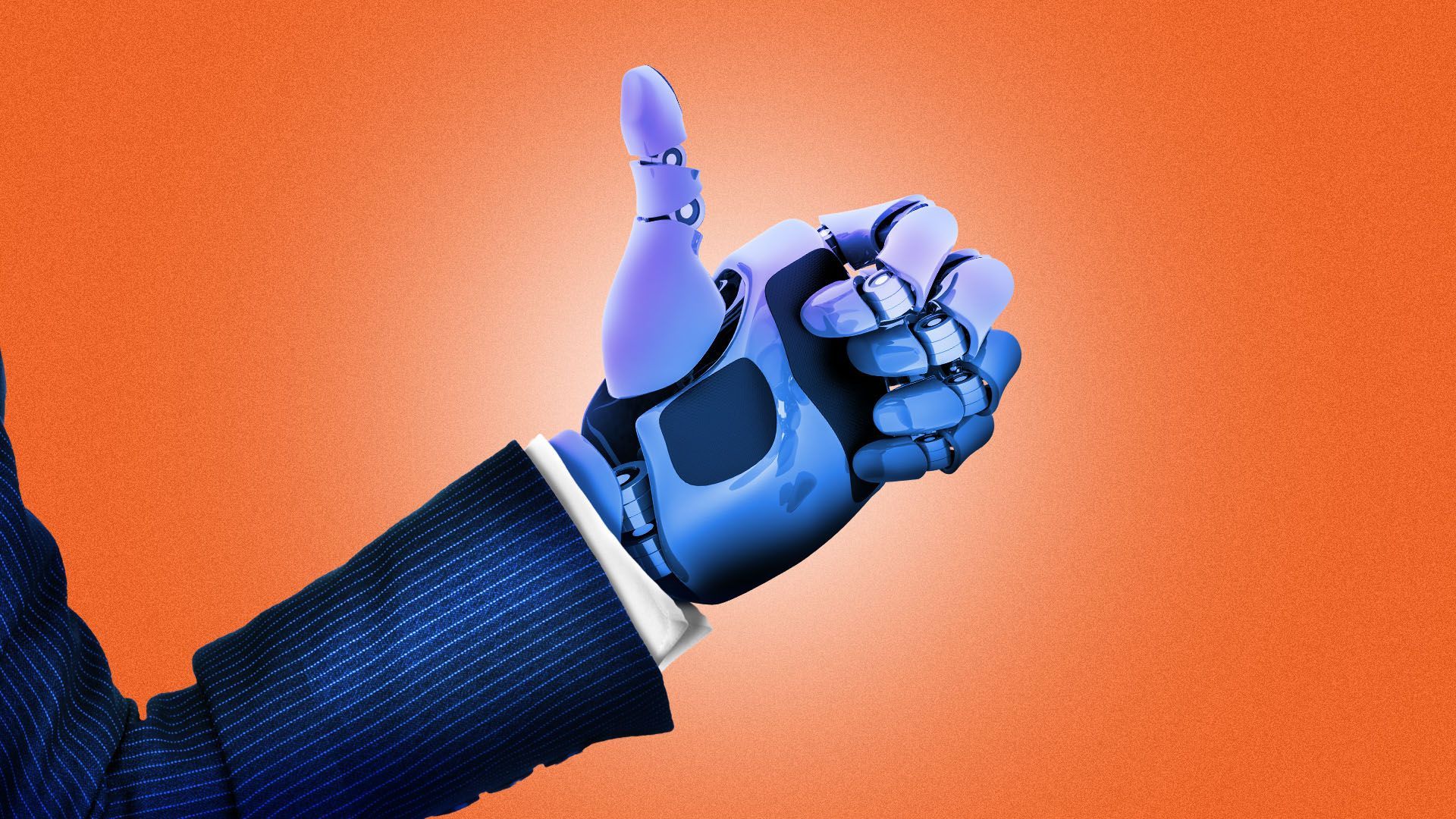 Illustration of a robot hand in a suit giving a thumbs up