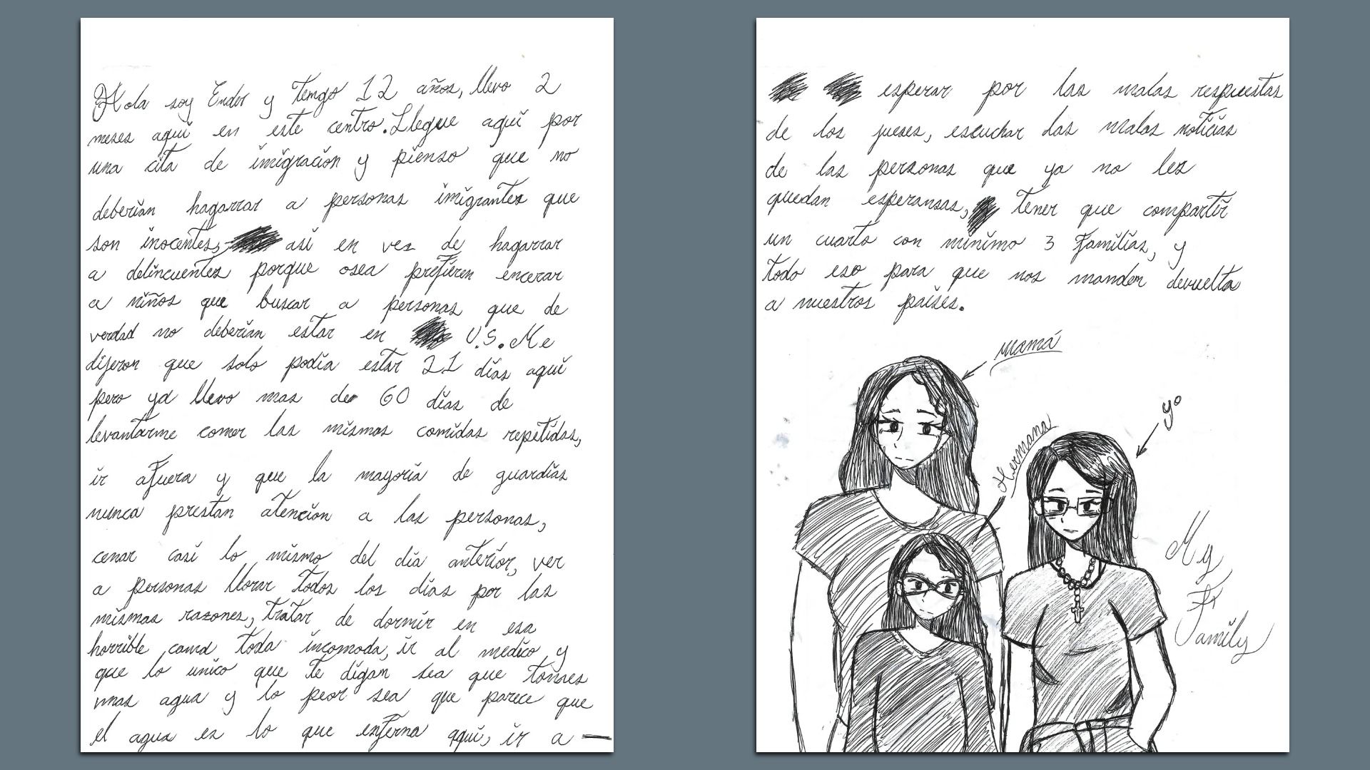 Two handwritten pages in Spanish describing hardship in immigration detention, with a black pen sketch of three females labeled "mama", "hermana", and "yo" under the heading "My Family".