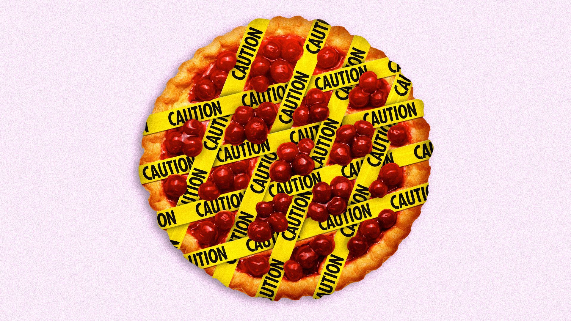 Illustration of the top of a pie with caution tape as the braided part of the pastry top.