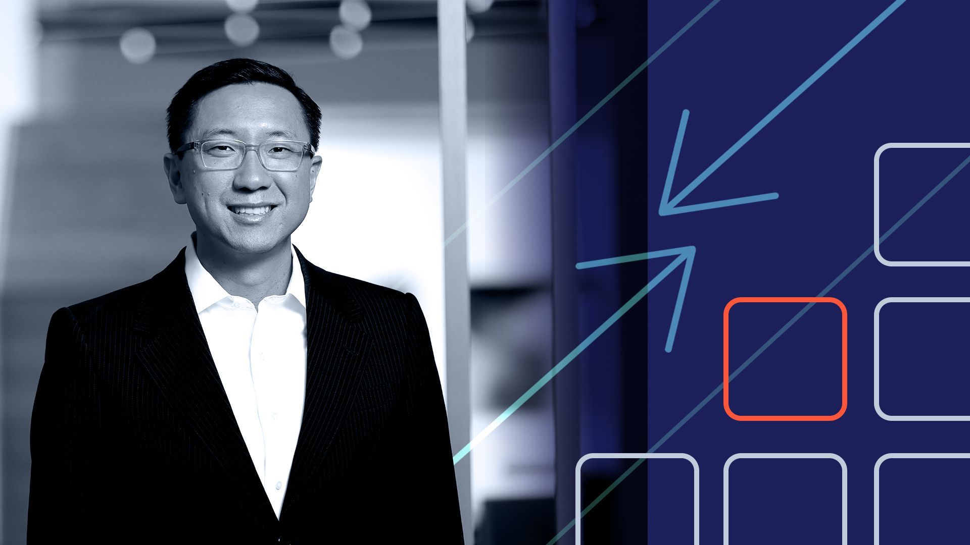 Photo illustration of Al Ko, arrows, and abstract shapes.