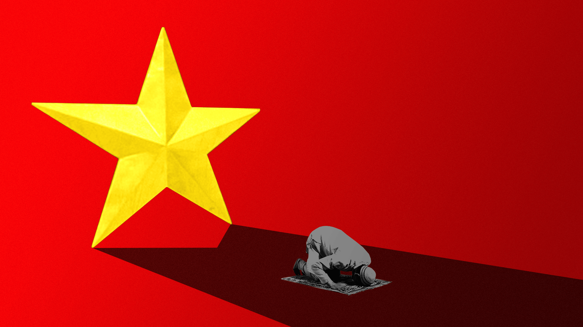 Illustration of a star from the Chinese emblem casting a shadow over a praying Muslim