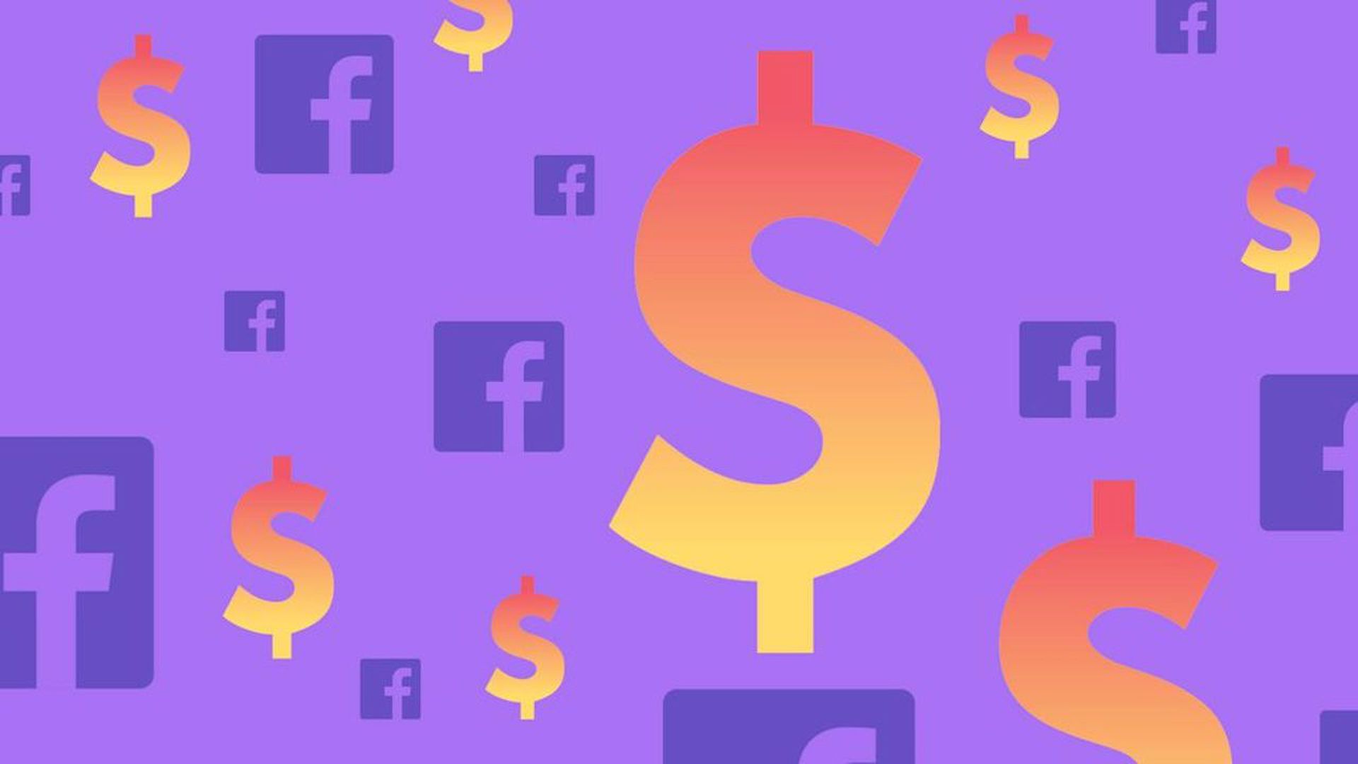 Illustration of Facebook logos floating in a sea of dollar signs