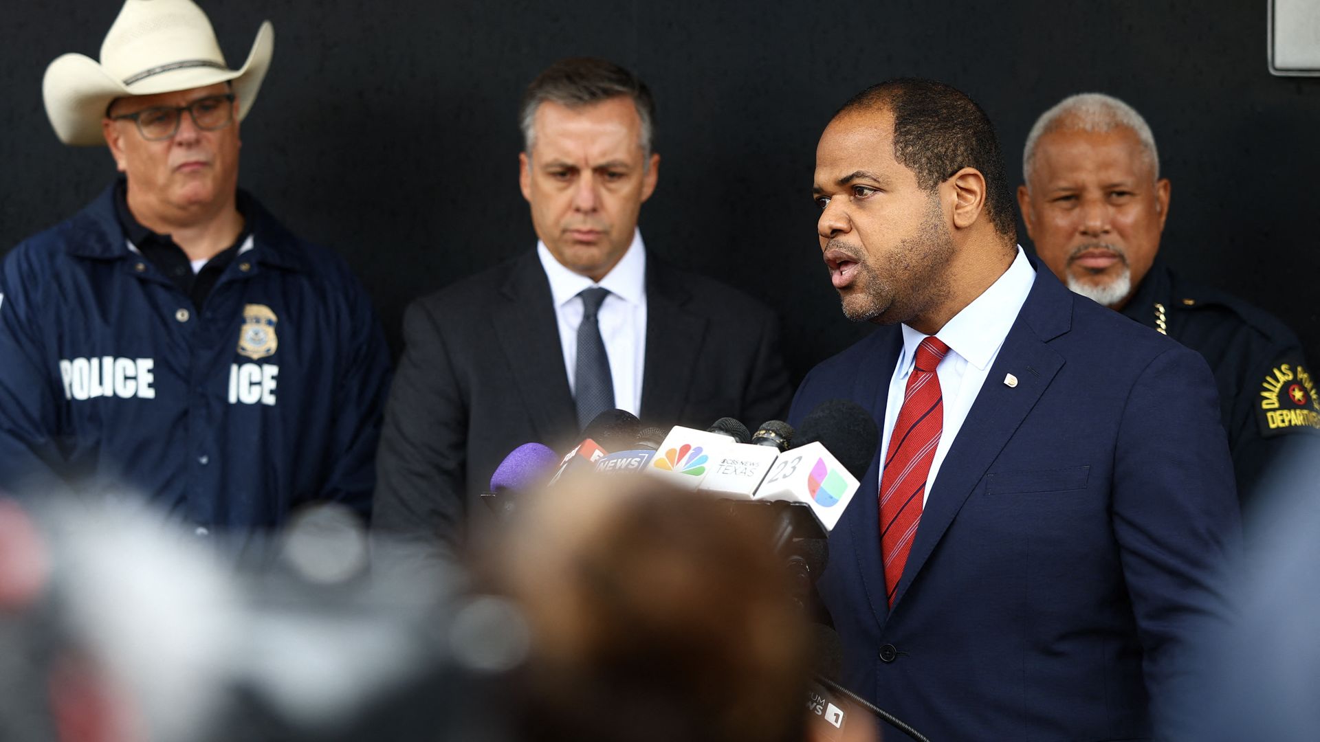 Dallas Mayor Eric Johnson speaks during a news conference after a shooting at an ICE detention facility in Dallas on Sept. 24.
