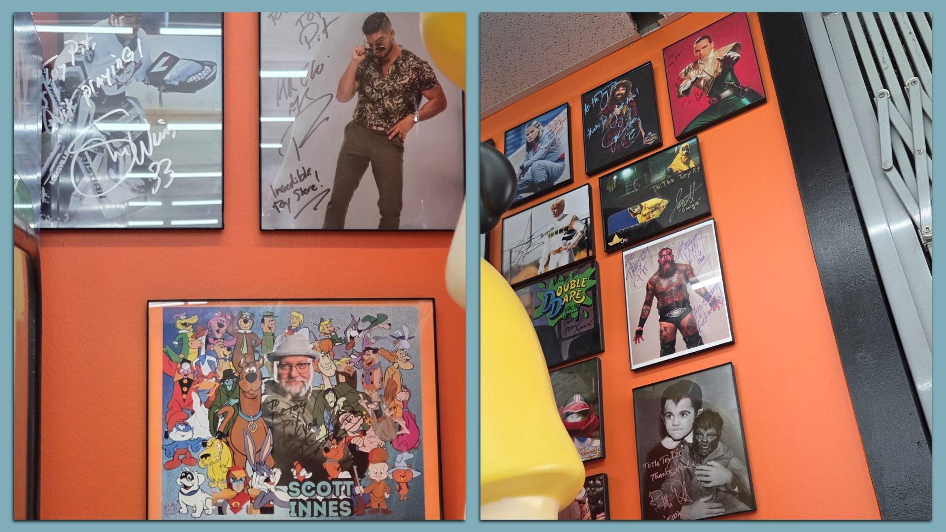 Signed framed photos and artwork on an orange wall, including a man adjusting sunglasses, animated characters with Scott Innes, and various signed celebrity portraits.