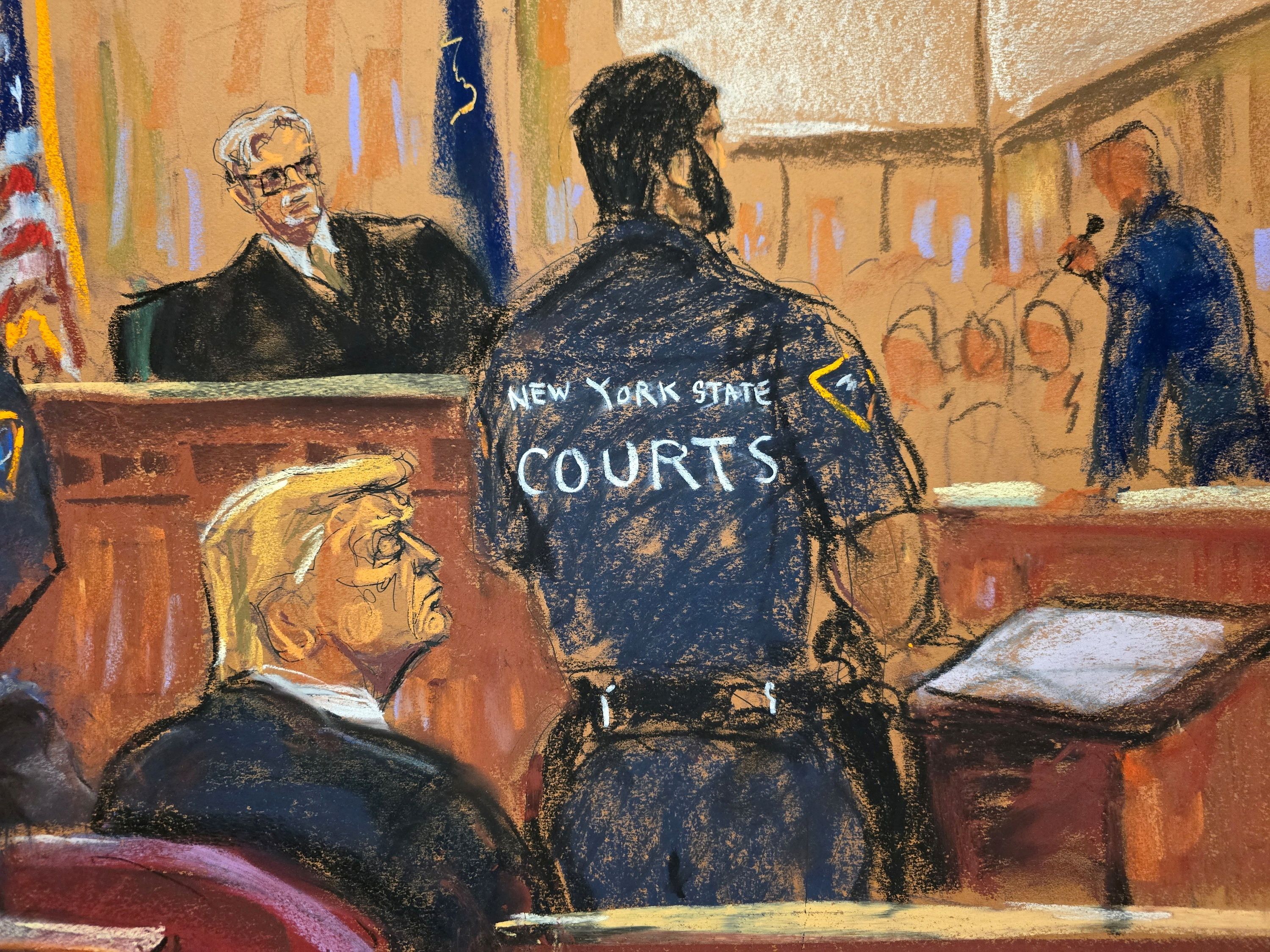Trump as the verdict is read. Courtroom sketch: Jane Rosenberg via Reuters