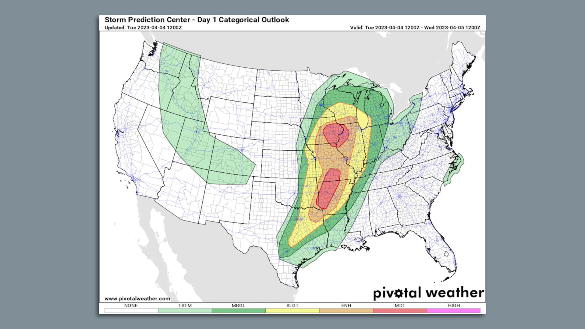 Map showing the thunderstorm risk outlook for April 4, including two areas of "moderate" risk in the Central U.S.