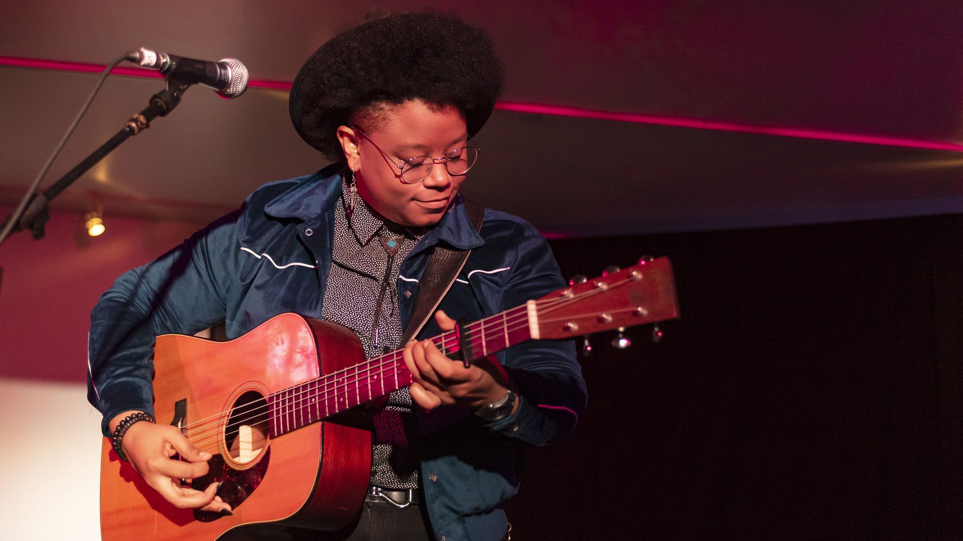 American musician Amythyst Kiah plays guitar on the Rooftop Stage at the 16th annual GlobalFest at the Copacabana, New York, New York, January 6, 2019.