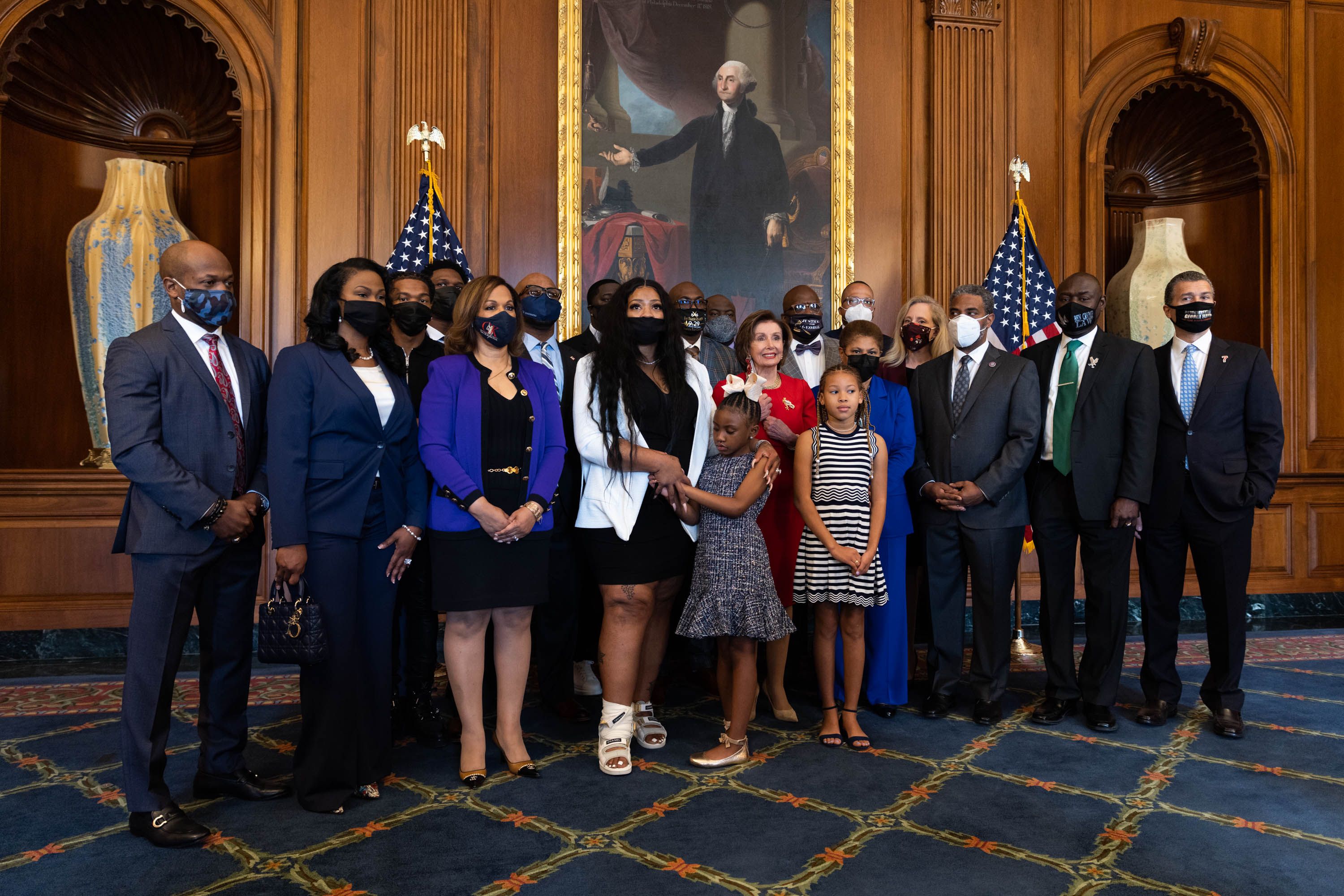 House Speaker Nancy Pelosi, D-CA, stands with members of the Floyd family prior to a meeting to mark the anniversary of the death of George Floyd, on May 25, 2021 at the U.S. Capitol