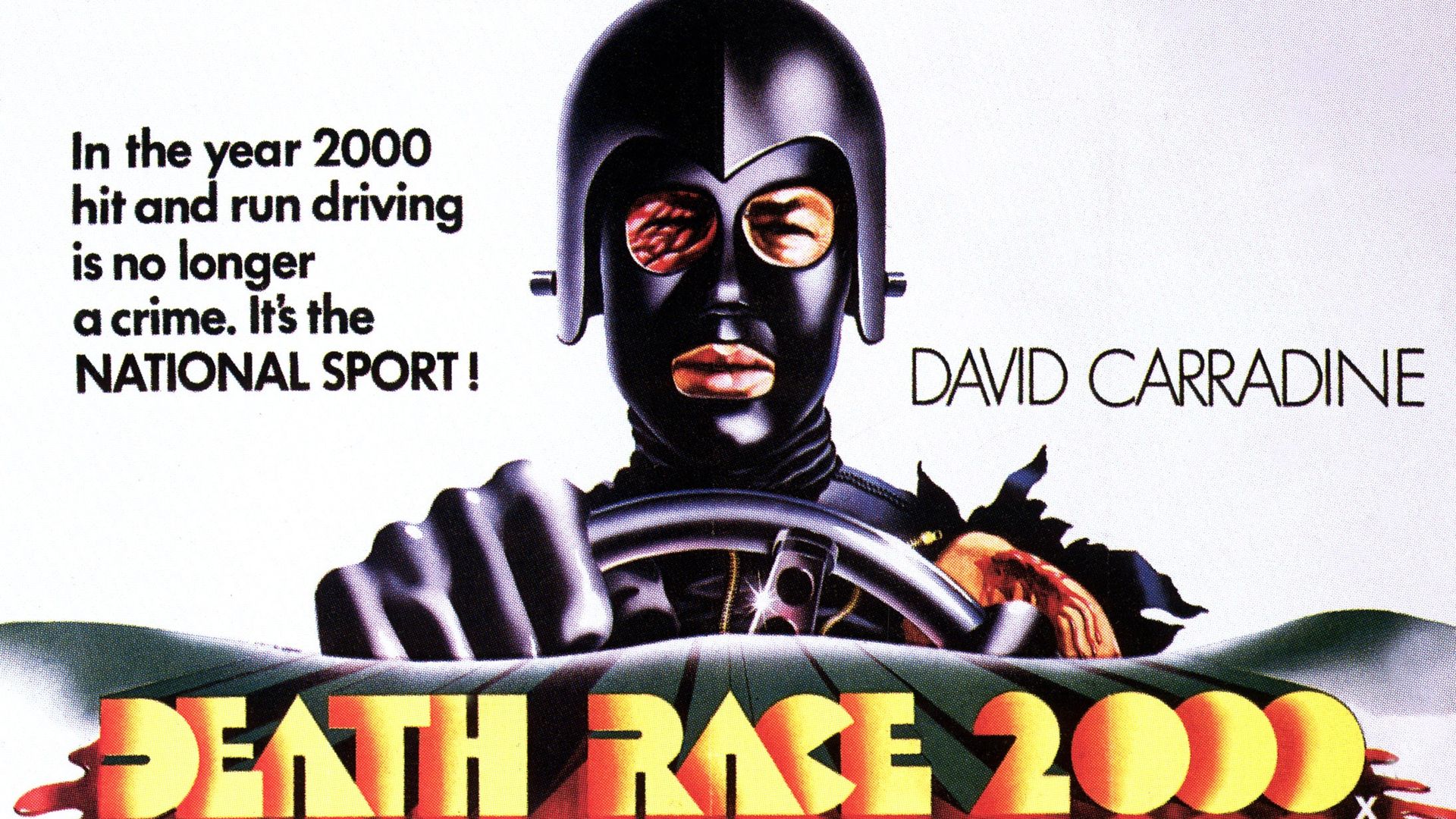 A movie poster for "death race 2000" that says "in the year 2000, hit and run driving is no longer a crime. It's the national sport." 