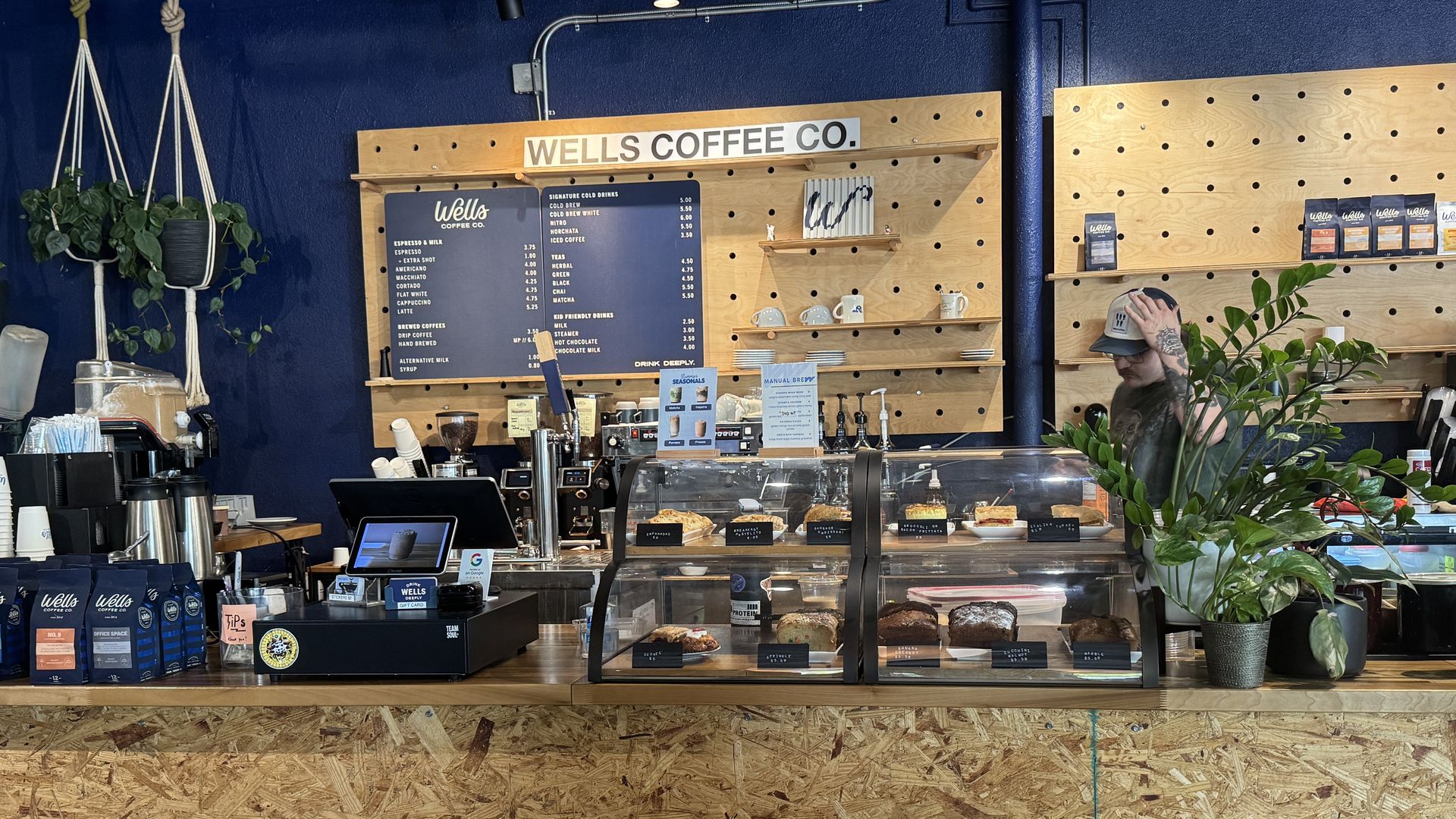 Interior of a Wells Coffee Co. shop with a blue wall, wooden pegboard panels, a large menu board, pastry case, hanging plants, and a barista wearing a cap behind the counter.