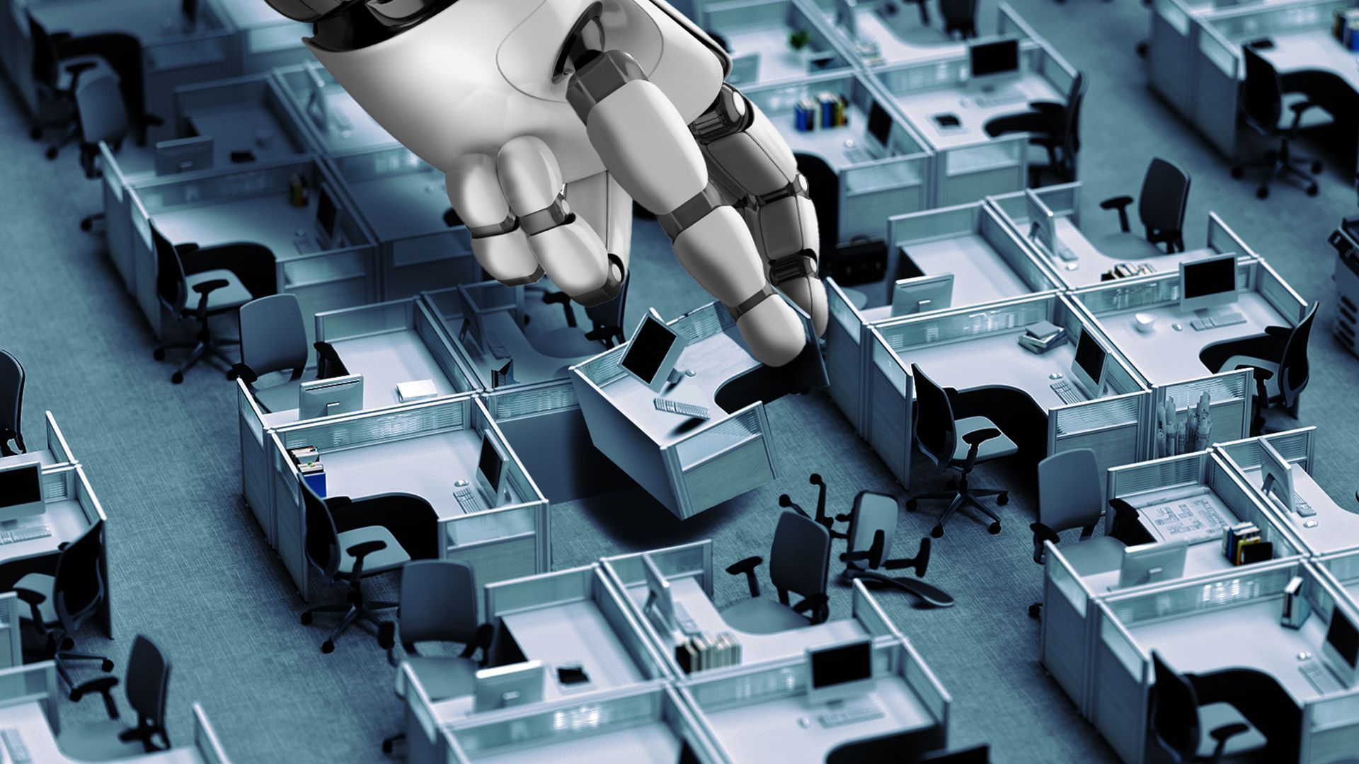 Illustration of a robot hand picking up a cubicle from an office room full of cubicles. 