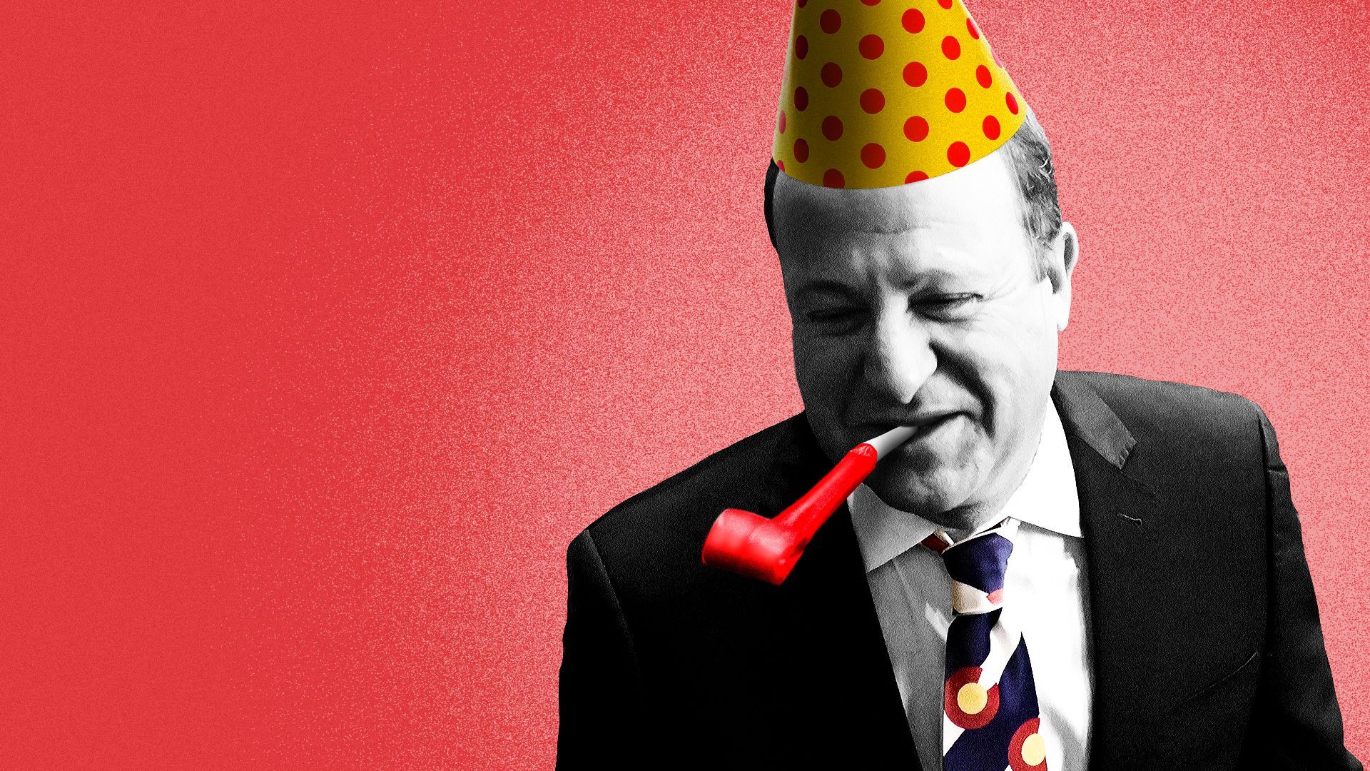 Photo illustration of Governor Jared Polis blowing a party favor and wearing a party hat.