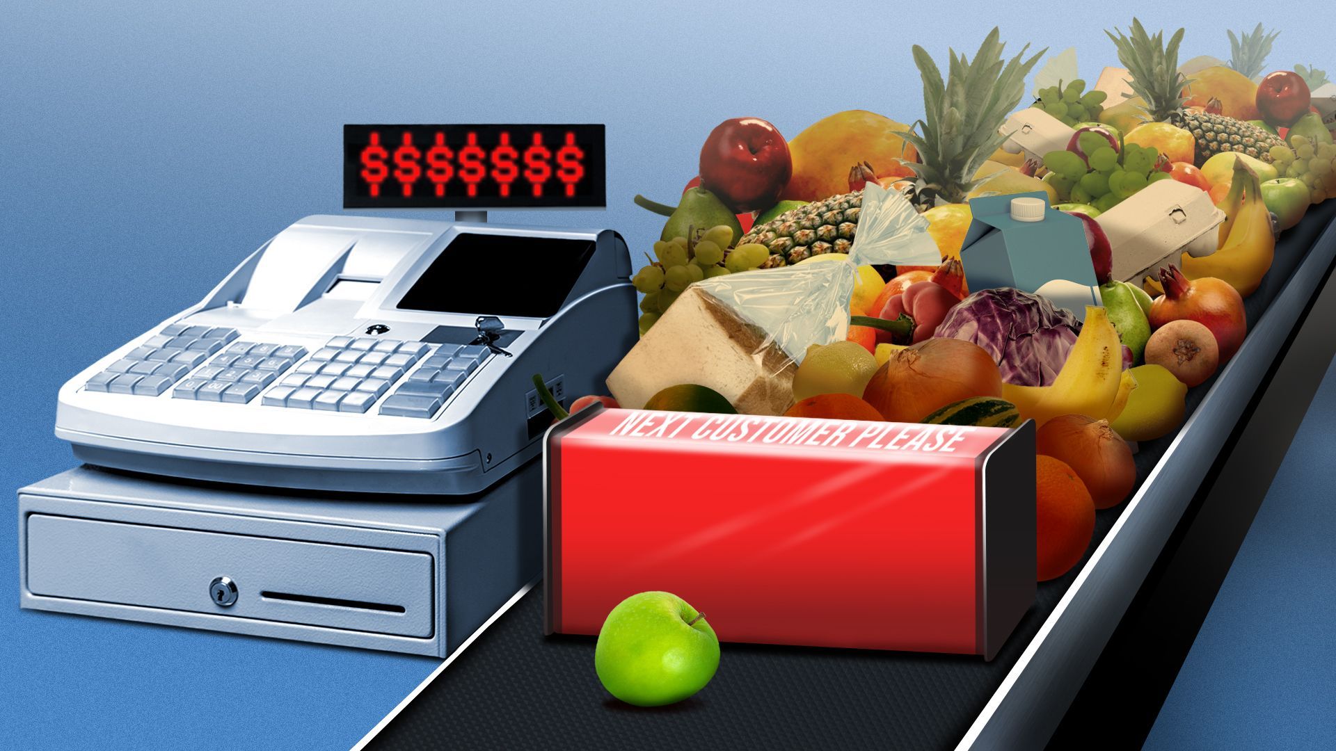 Illustration of a grocery checkout with piles of groceries behind an oversized grocery divider and a register reading multiple dollar signs