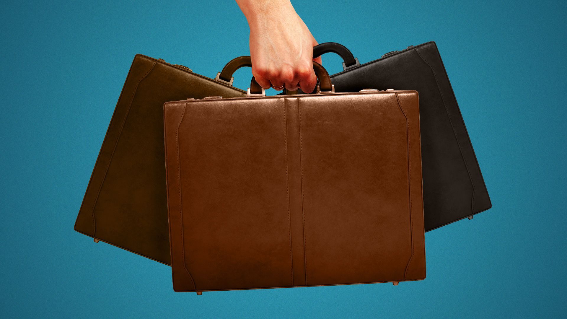 Illustration of a hand holding multiple briefcases. 