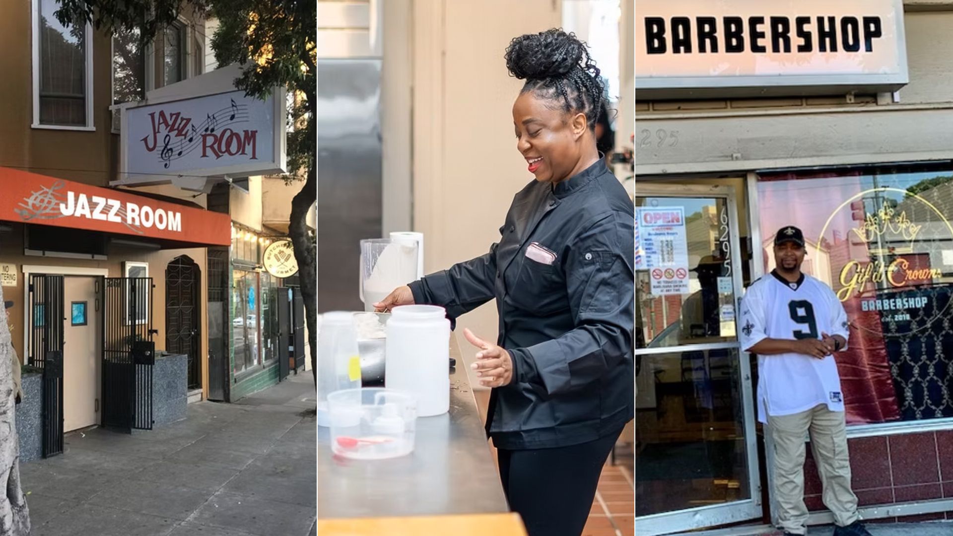 A street view of a jazz club entrance, a smiling chef in black uniform preparing food indoors, and a man in a white sports jersey standing outside a barbershop with a neon sign.