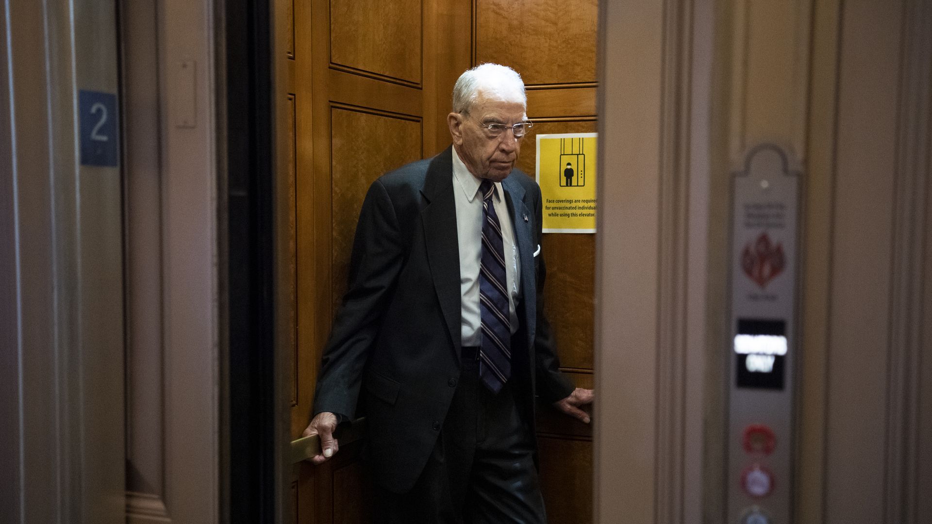Sen. Chuck Grassley of Iowa stands in an elevator in Washington.