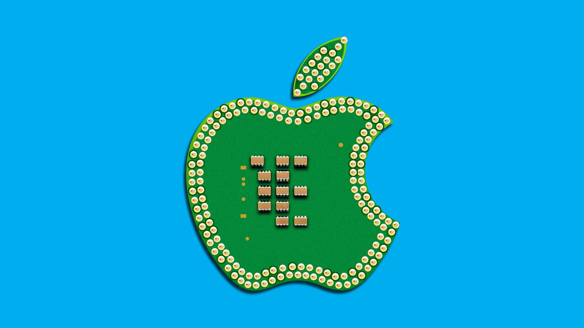 Illustration of the Apple logo made out of a computer chip. 