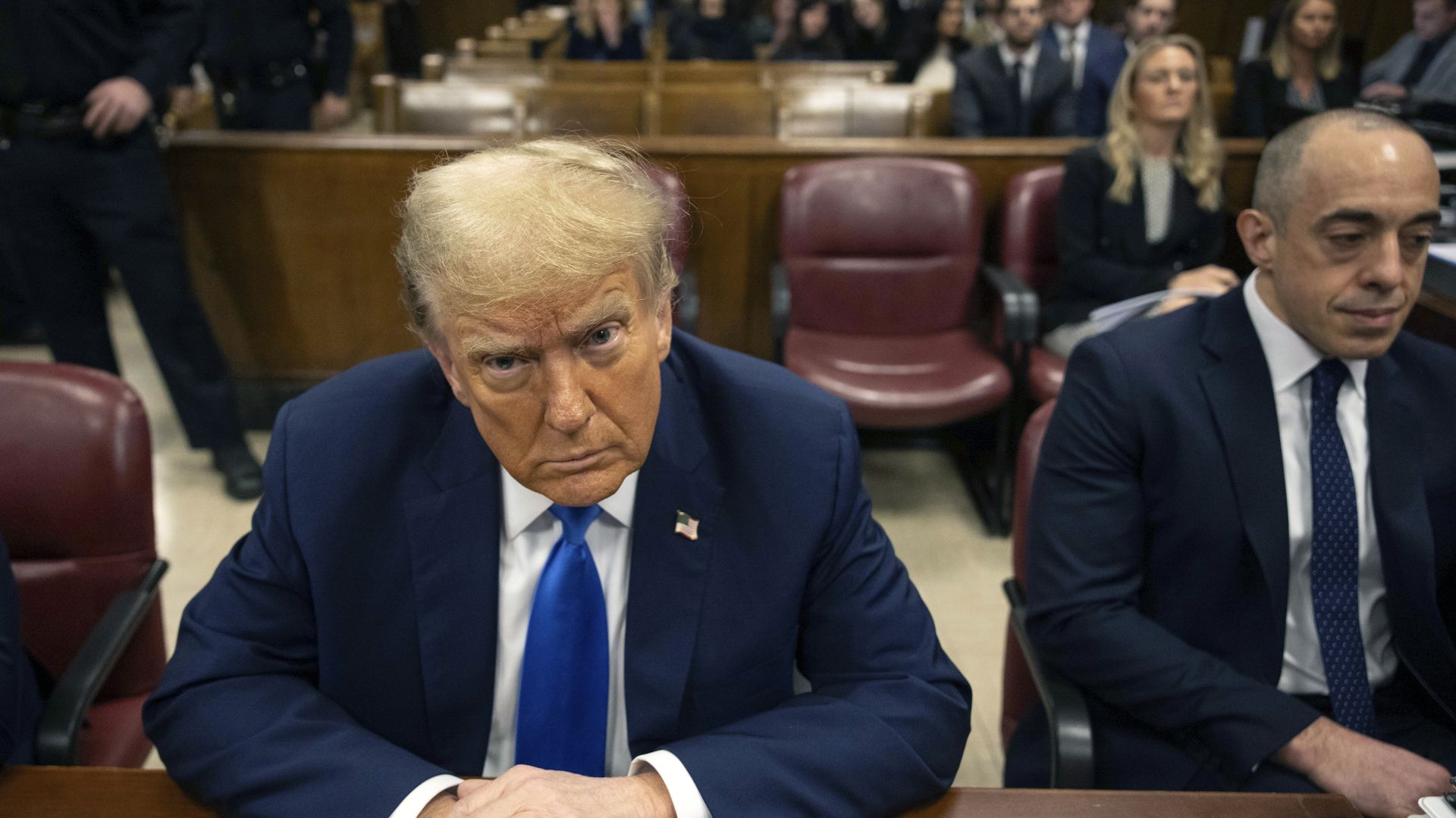 Former U.S. President Donald Trump appears in court for opening statements in his trial for allegedly covering up hush money payments at Manhattan Criminal Court on April 22, 2024 in New York City.