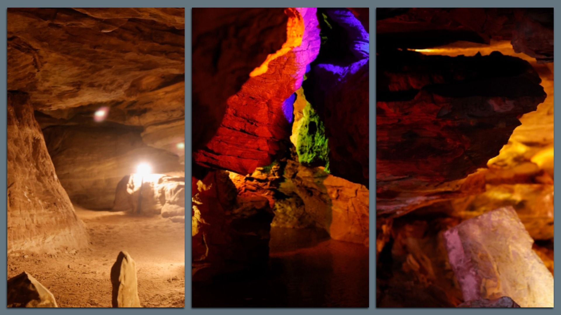 Triptych of a dim cave with warm brown rock walls. Left: lit chamber and pointed stones. Center: rainbow lights on red rock arches. Right: orange glow over layered cliffs and shadows.
