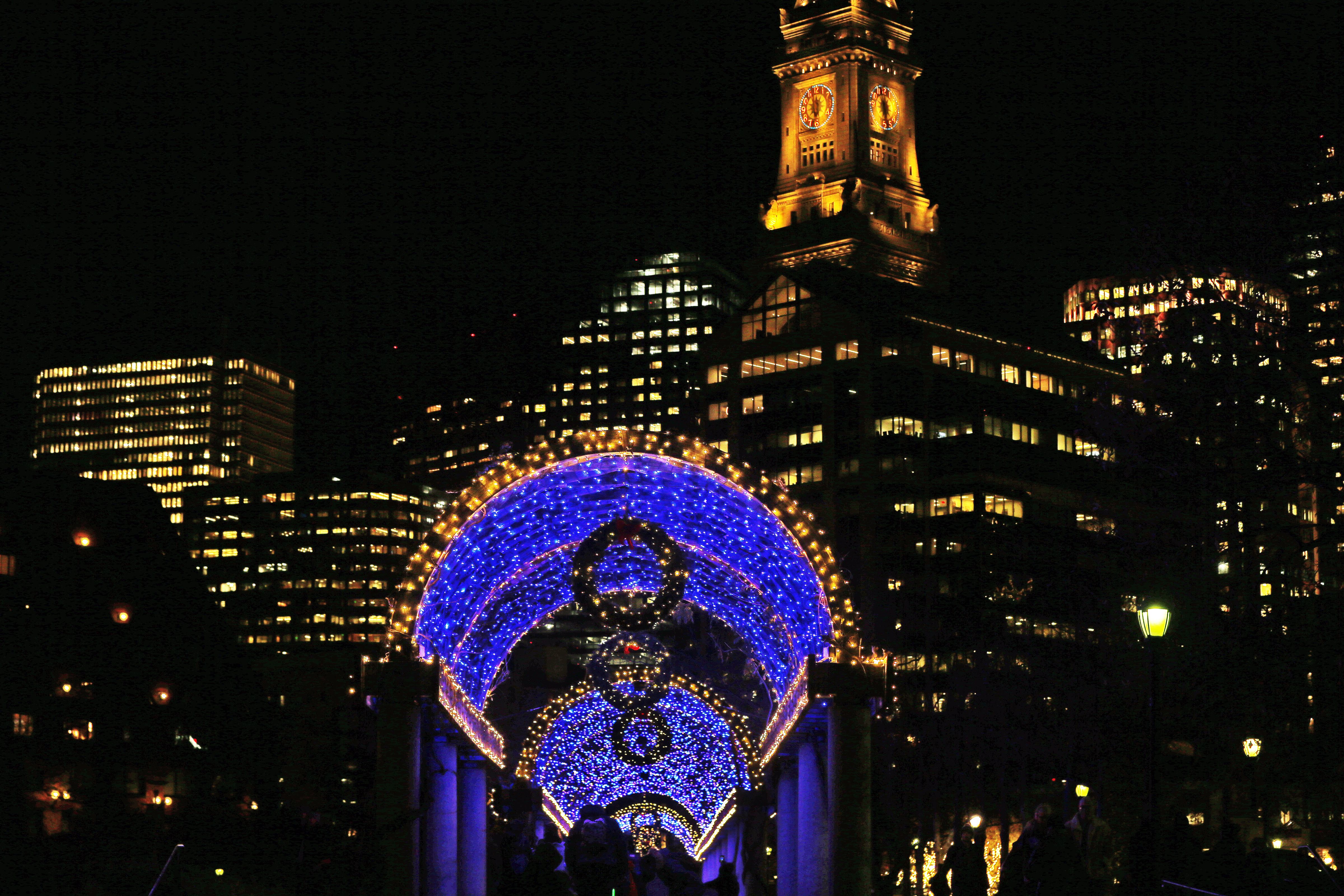 The trellis at Christopher Columbus Waterfront Park in Boston is lit up with 50,000 blue lights for the holidays.