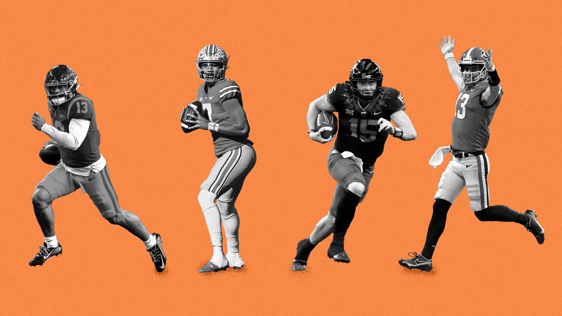 Photo illustration of Caleb Williams, C.J. Stroud, Max Duggan and Stetson Bennett