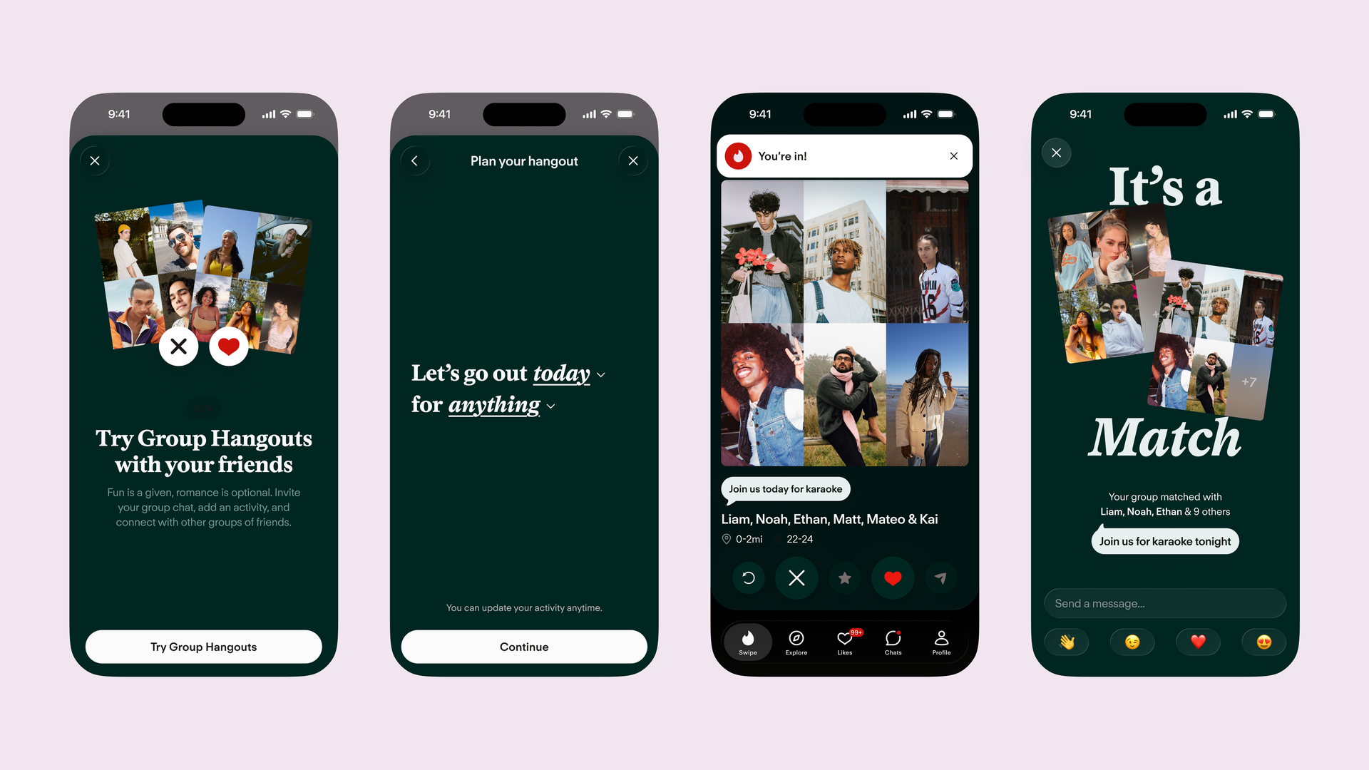Four smartphone screens on a pink background display Tinder onboarding and matches: group hangouts, plan your hangout, photo grid You're in!, and It’s a Match, with the Tinder logo at the bottom.