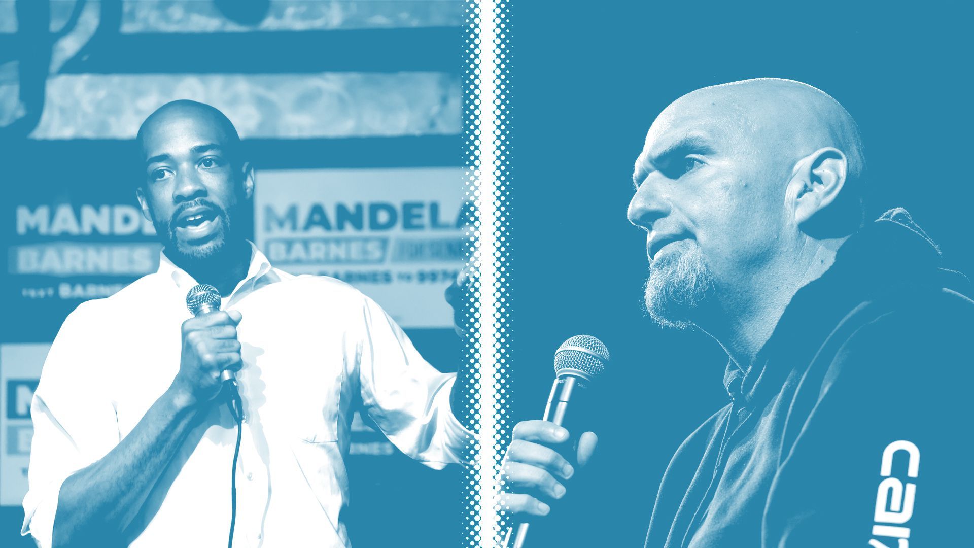 Photo illustration of Democratic Senate candidates Mandela Barnes and John Fetterman