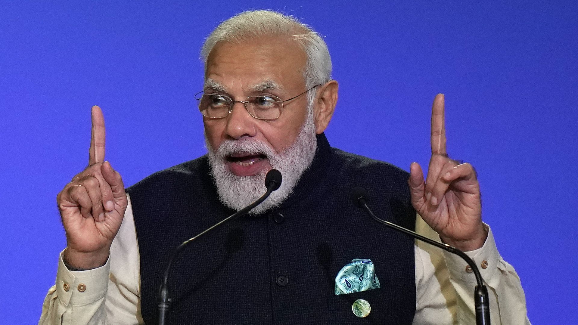 Indian Prime Minister Narendra Modi presents his national statement on day two of COP26 at SECC on November 1, 2021 in Glasgow, Scotland.