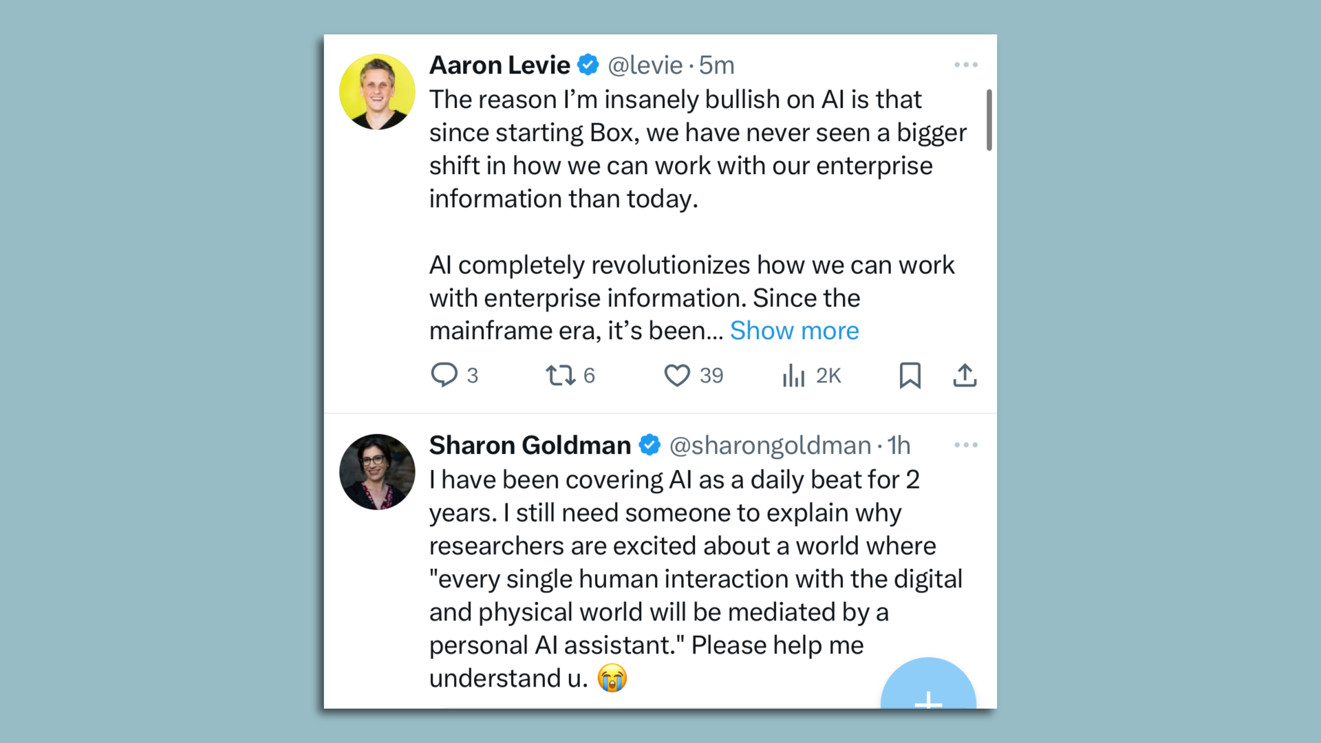 Screenshot of two contrasting tweets, including 1 from Box CEO Aaron Levie on the virtues of GenAi.