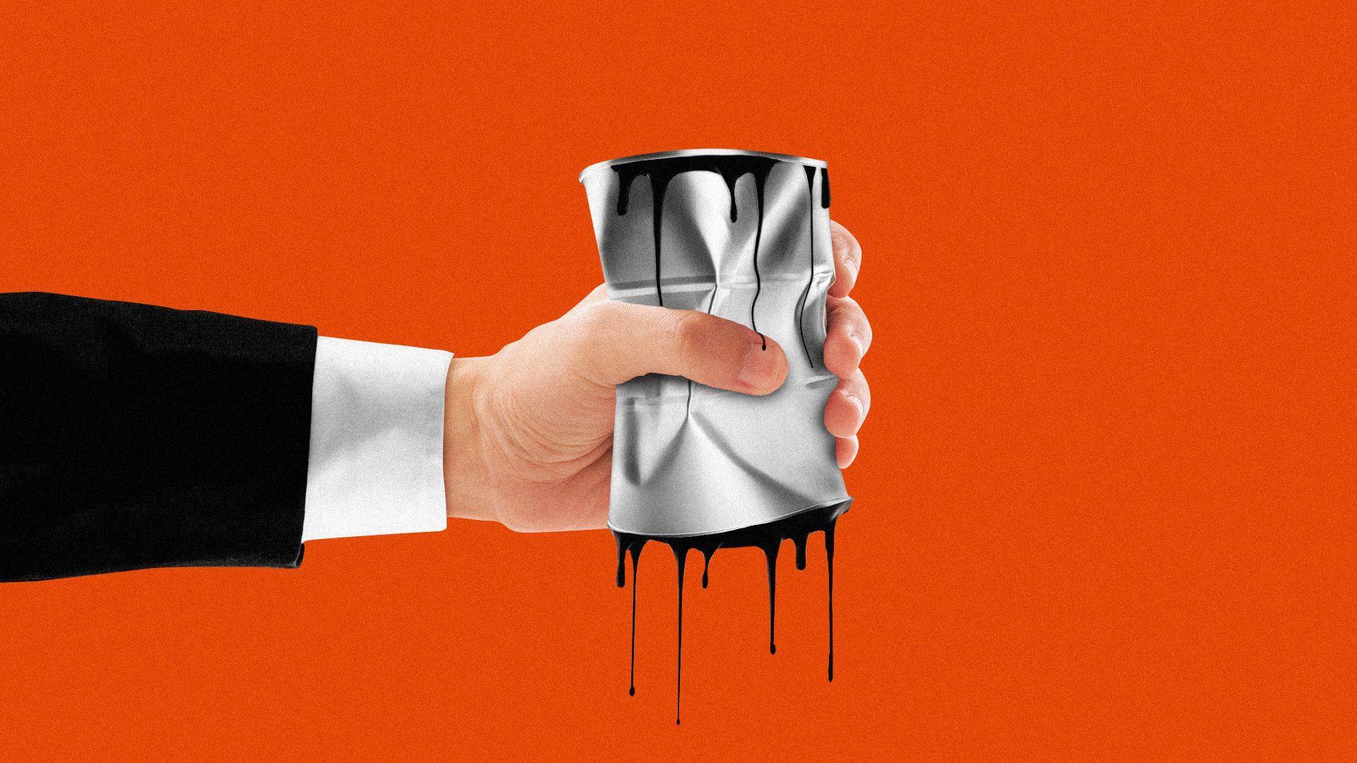 Illustration of a hand crushing an oil barrel as if it were an aluminum can.   