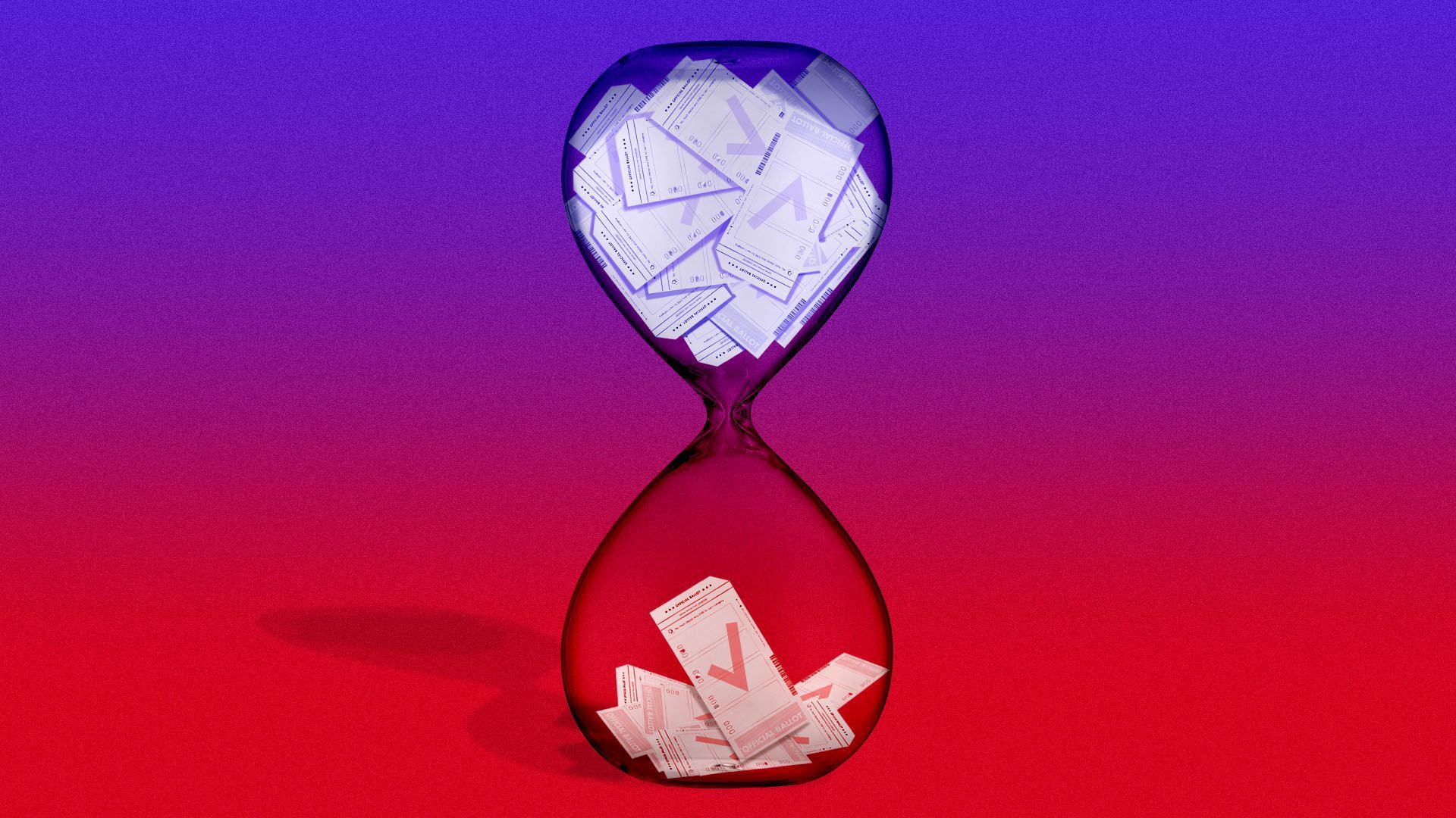 Illustrations of ballots in an hour glass, with a small amount of red ones in the bottom and many more blue ones above