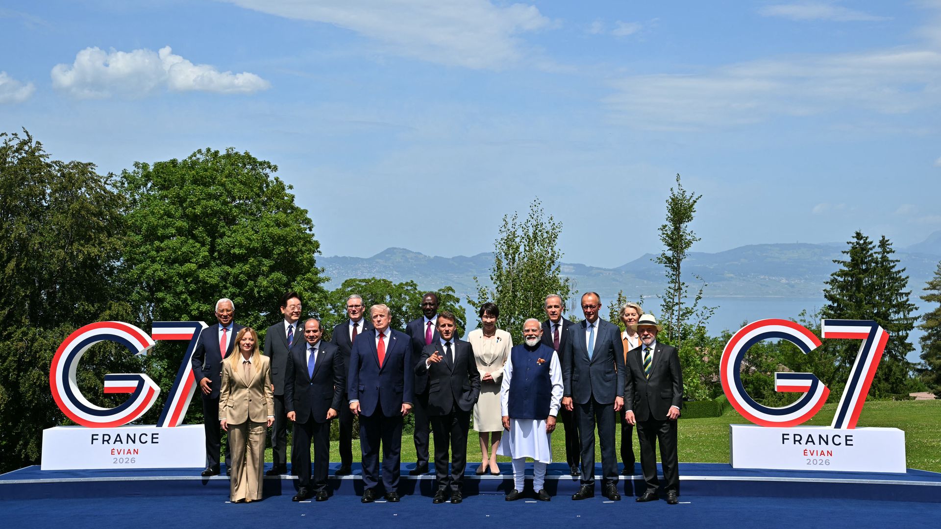World leaders standing for an outdoor portrait at the 2026 G7 summit in Evian, France