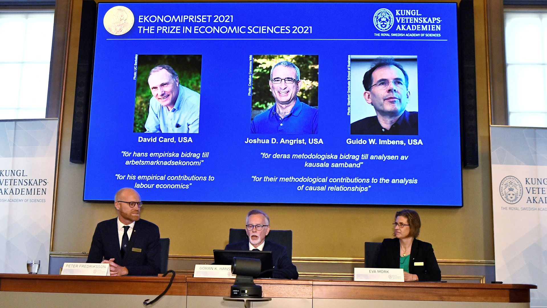 The Swedish Academy give a press conference to announce the winners of the Nobel Prize in economics.