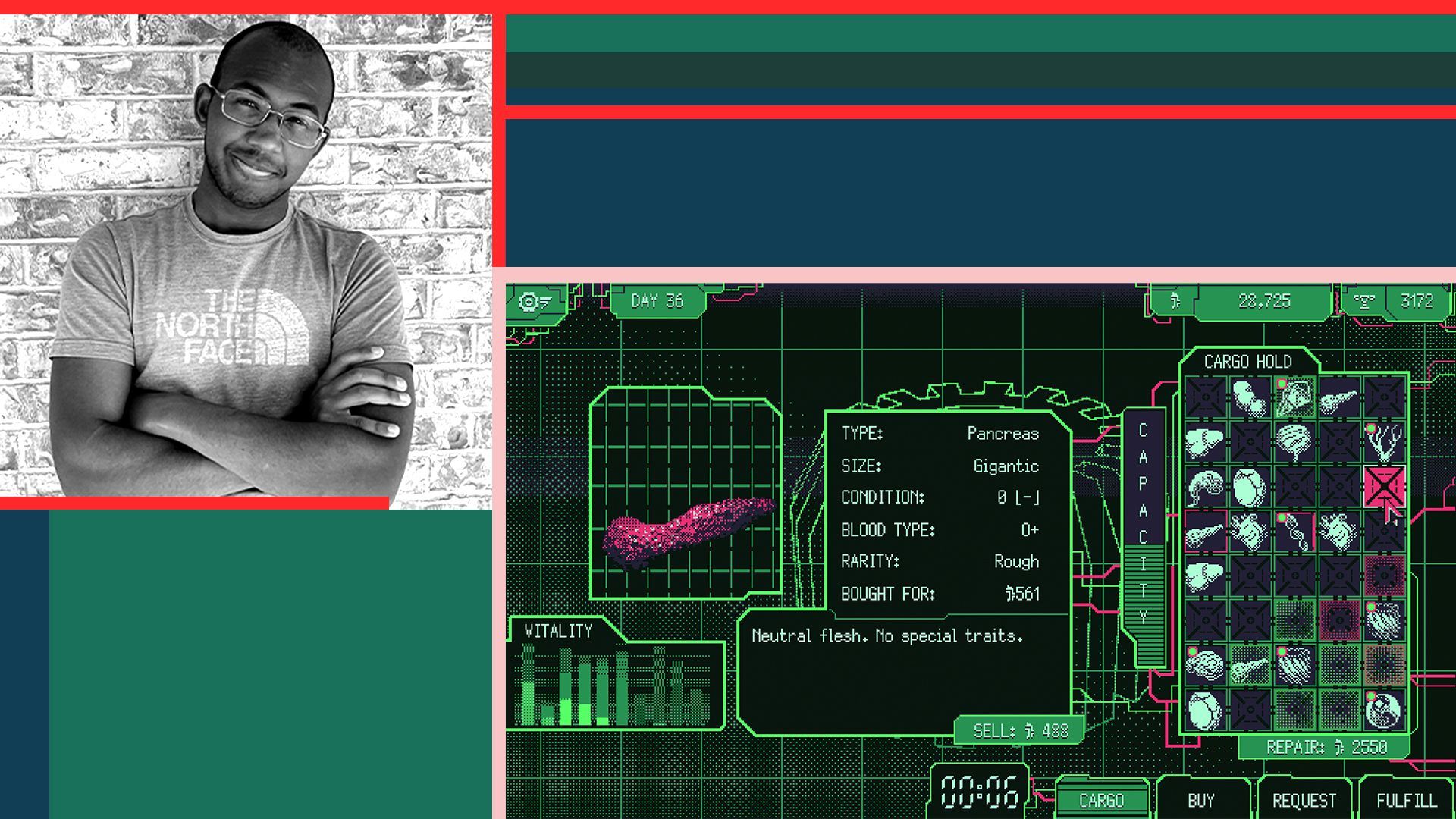 Photo illustration of Xalavier Nelson, Jr. and an image from the game Space Warlord Organ Trading Simulator