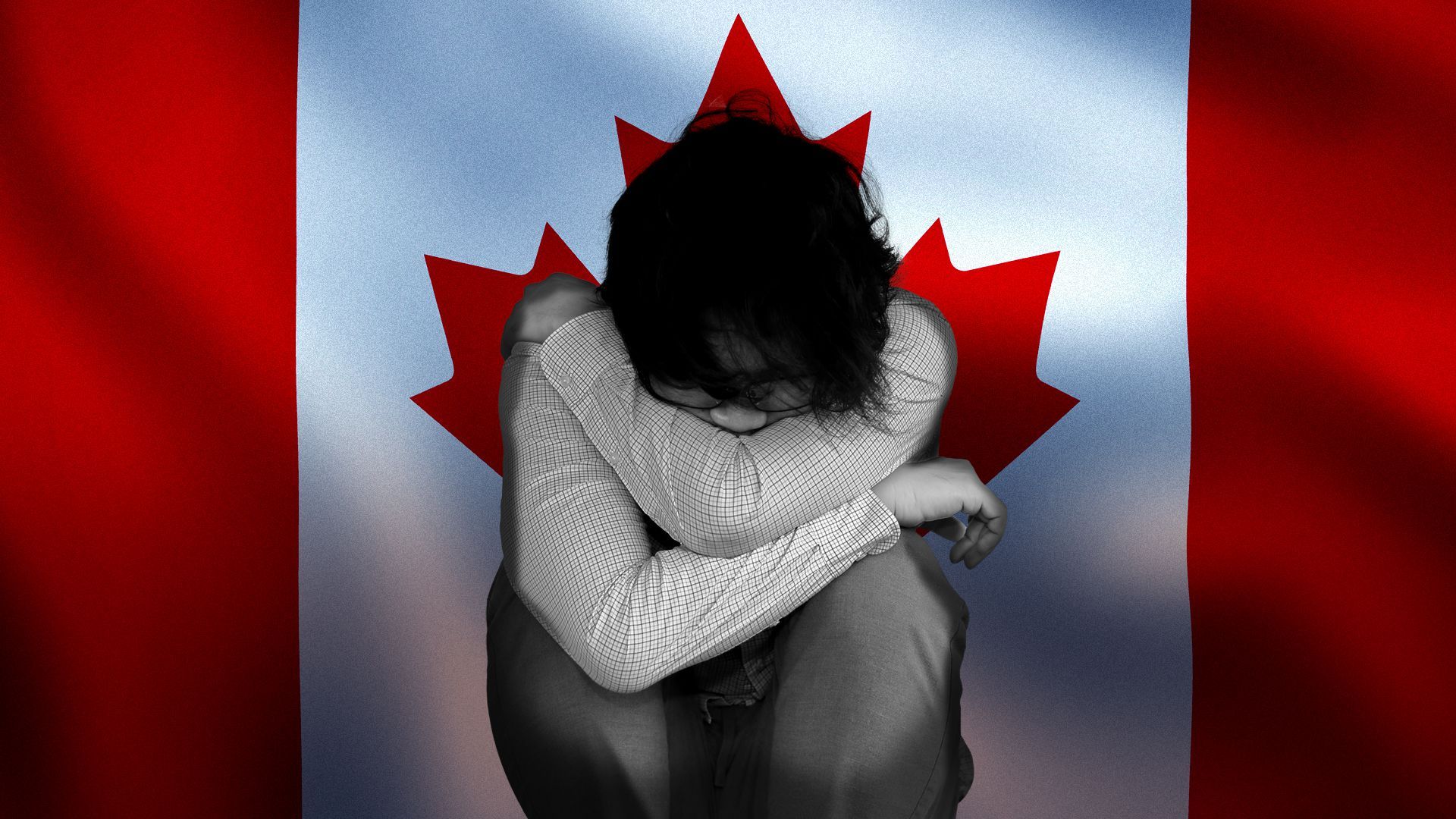 Illustration of a depressed looking man with a Canadian flag in the background