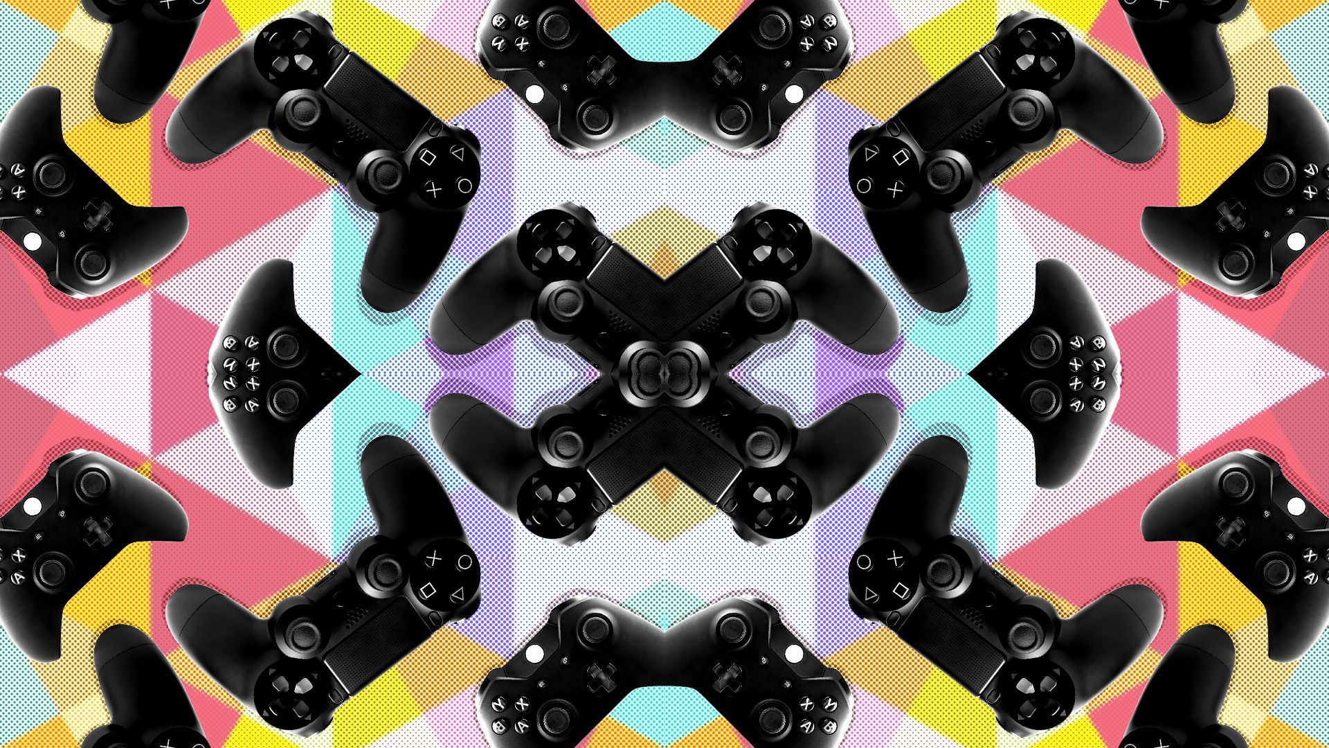 Illustration of a kaleidoscope pattern made from video game controllers.  